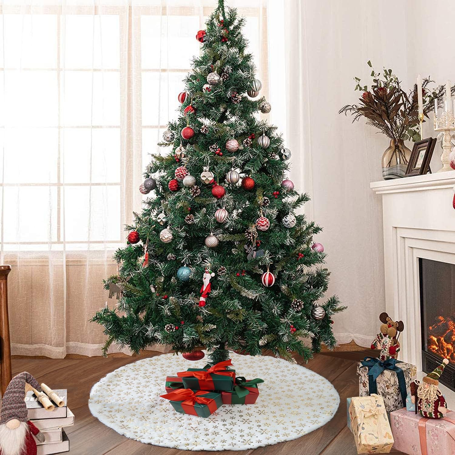 Saia para árvore de Natal, base para árvore de Natal, tapete para árvore de Natal, lantejoulas douradas em forma de floco de neve (branco, 78 cm) - 7