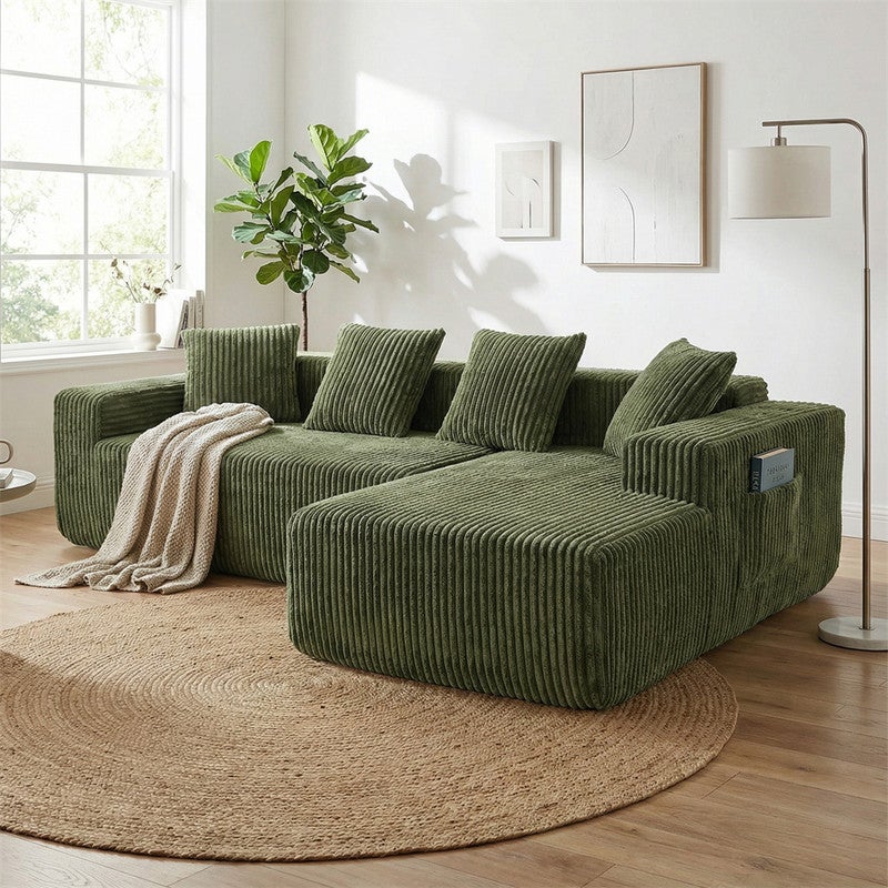 DRIPEX Canapé d'angle droit en velours côtelé avec 4 coussins,Canapé Modulable 4 places avec méridienne en L,261×156×80cm,Vert - 4