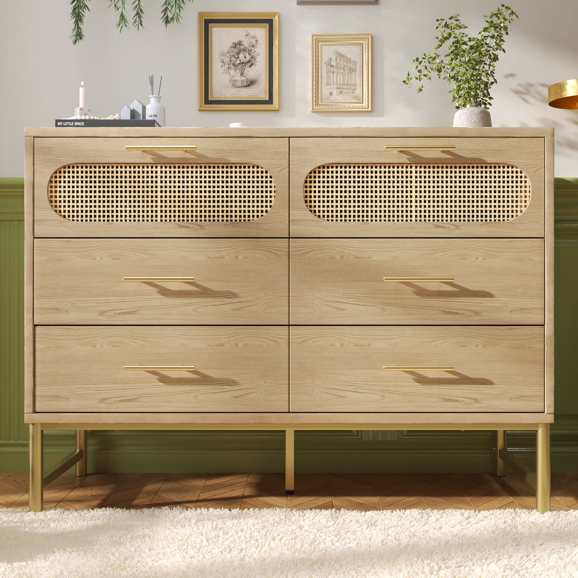 Cassettiera in rattan con 6 cassetti, per soggiorno e camera da letto, maniglie in metallo, antiribaltamento, 120 x 40 x 74 cm, rovere Sonoma - 7