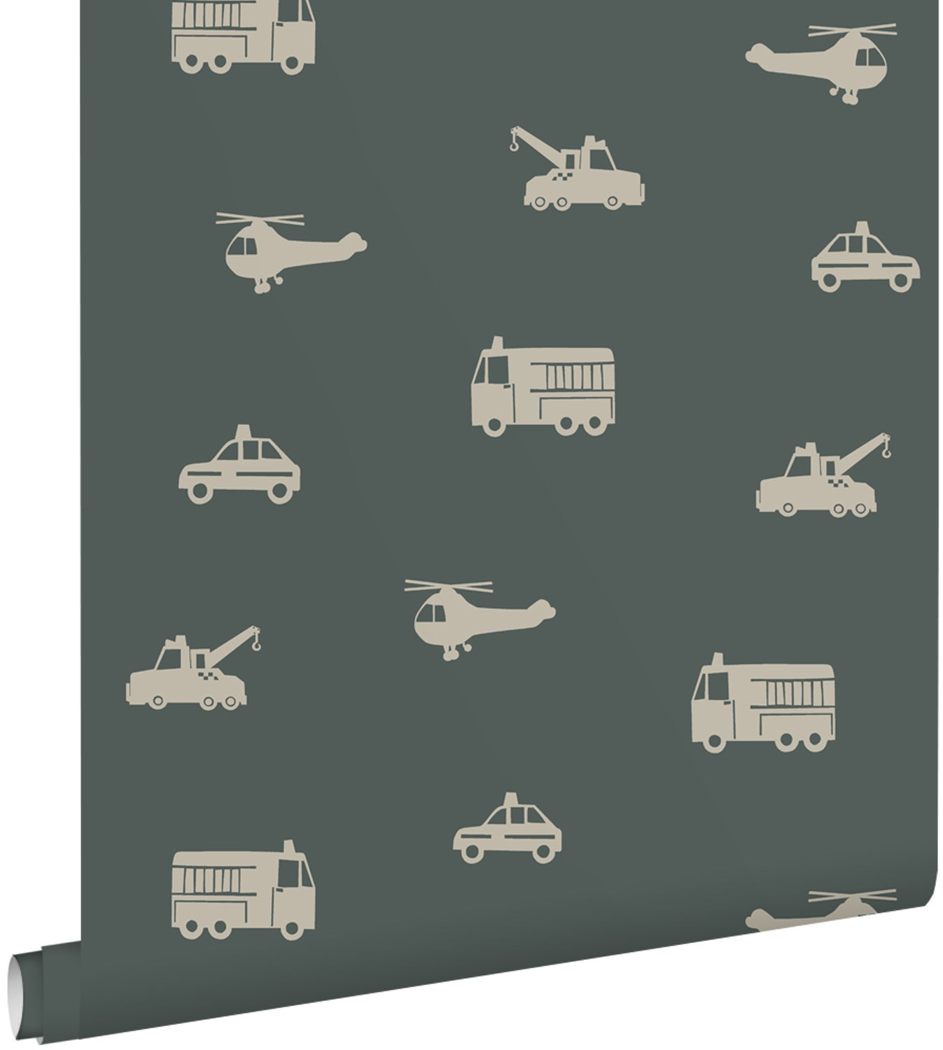 Tapeta samochody, wozy strażackie, helikoptery i dźwigi ciemnej zieleni - 53 cm x 10.05 m - ESTAHOME