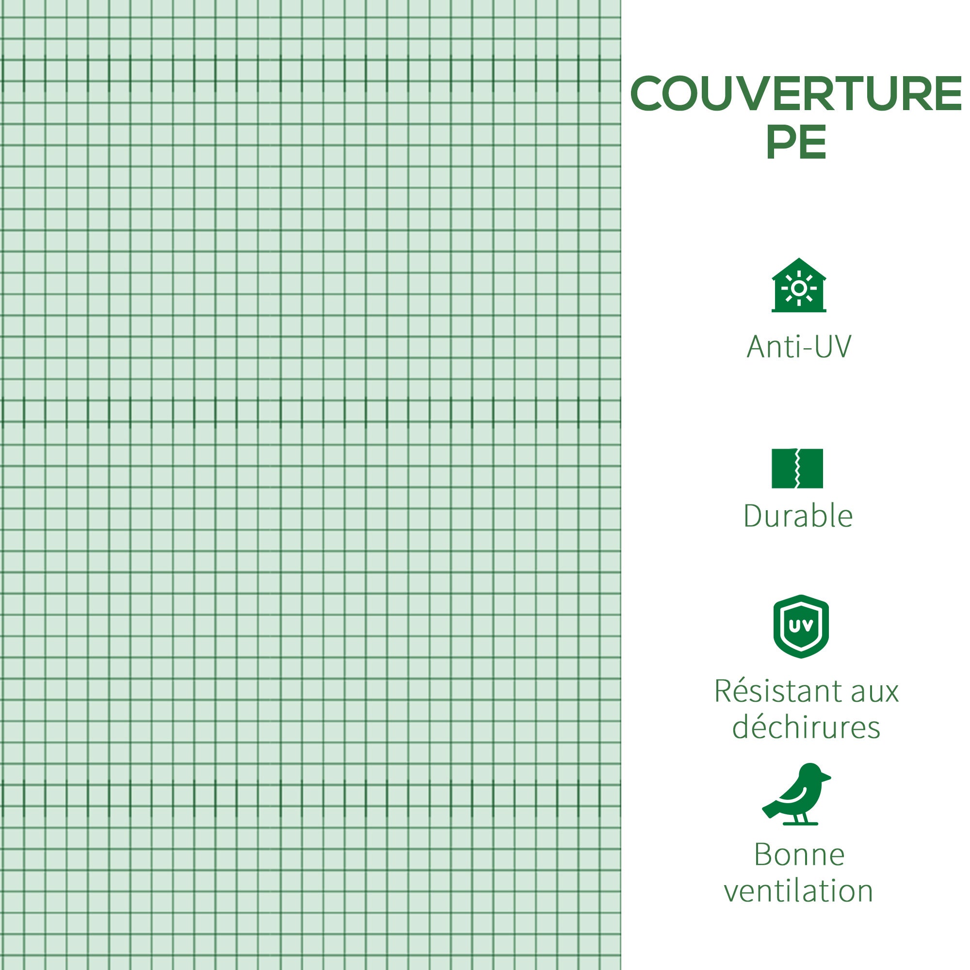 Bâche de Rechange Serre Tunnel 9 m², bâche 3 x 3 x 2 m PE Anti-UV imperméable 6 fenêtres + Porte Enroulable zippée foncé Vert - 8