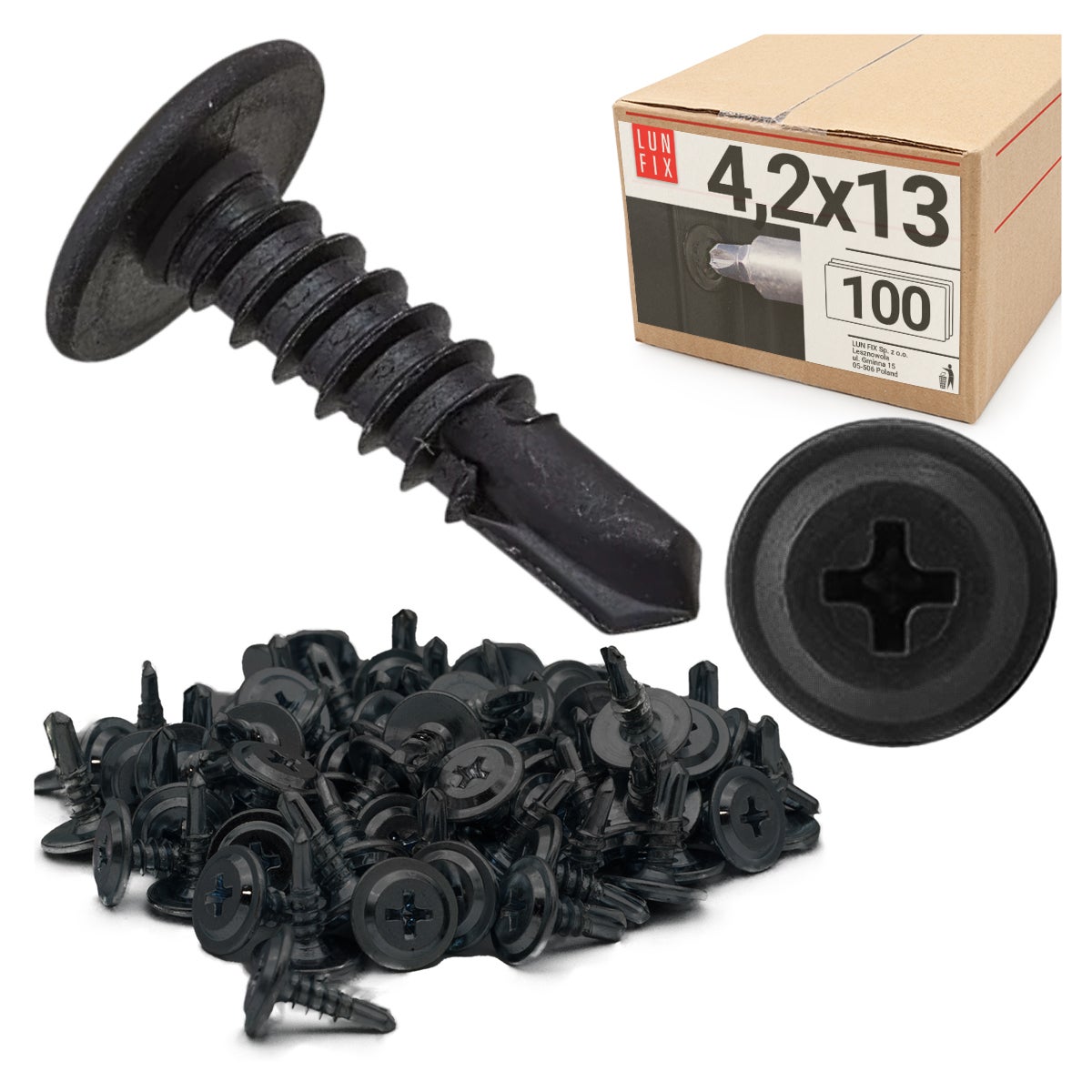 Wkręty do metalu samowiercące fosfatowane z łbem podkładkowym 4,2x13mm 100szt.