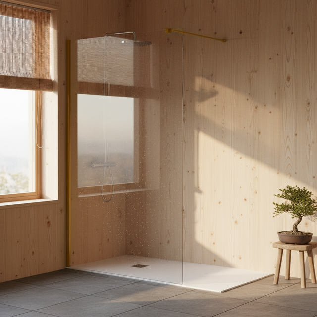 PANNEAU FIXE DE DOUCHE ULM | 120 x 195 CM | PROFIL DORÉ | VERRE TREMPÉ DE 8 MM D’ÉPAISSEUR | TRAITEMENT ANTICALCAIRE | TGDHOME