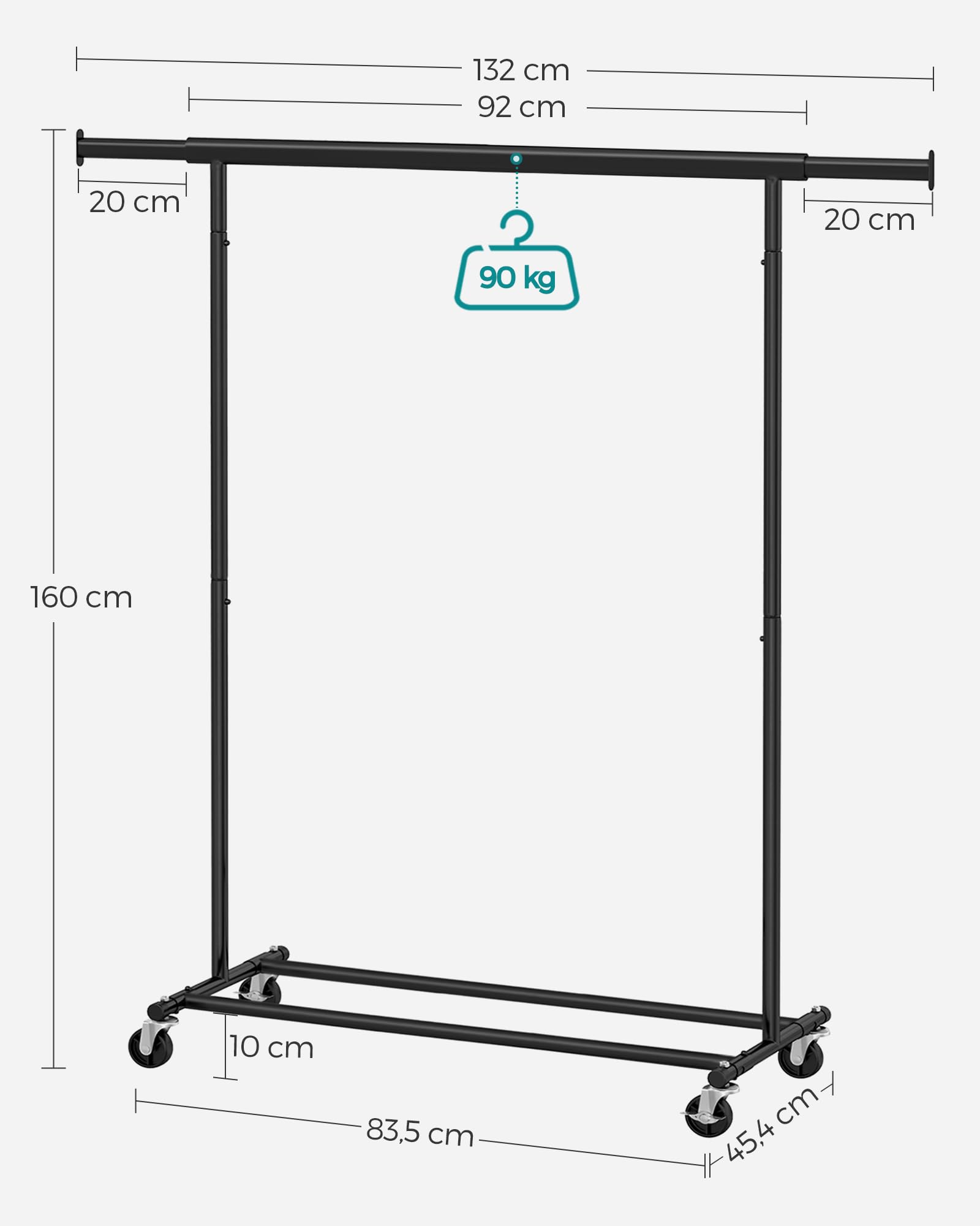 SONGMICS Portant à Vêtements avec roulettes, Tringle Extensible pour Charge Lourde, Porte-Manteau, Rangement Vêtement, Capacité de Charge 100 kg, Noir - 7