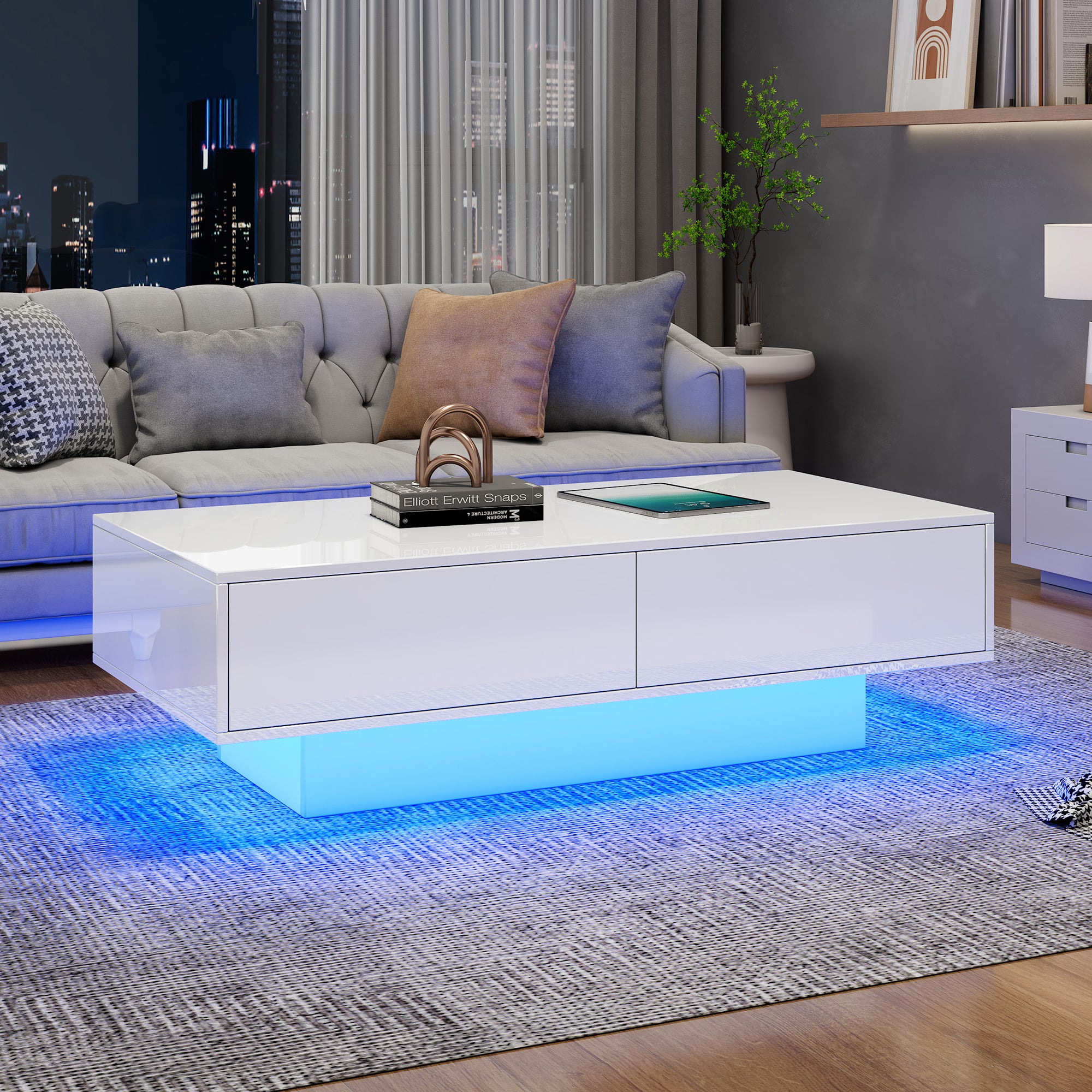 Table basse moderne laquée blanche brillante, 115 x 55 x 34 cm, avec 2 tiroirs, éclairage LED– Élégante table de salon - 8