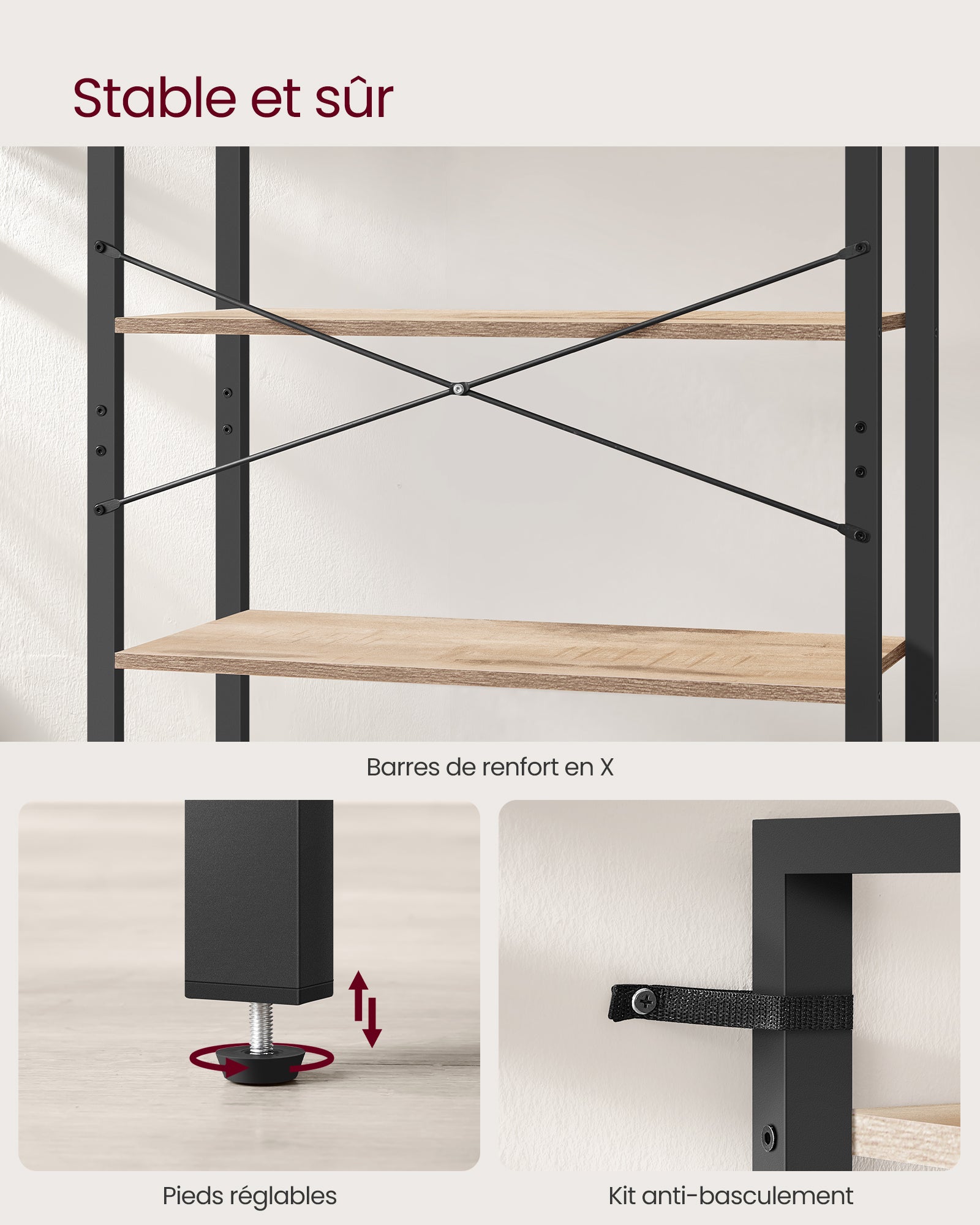 Étagère de Rangement 6 Niveaux, Bibliothèque avec Cadre en Acier, 30 x 80 x 186 cm, Marron Chameau et Noir d'Encre - 3