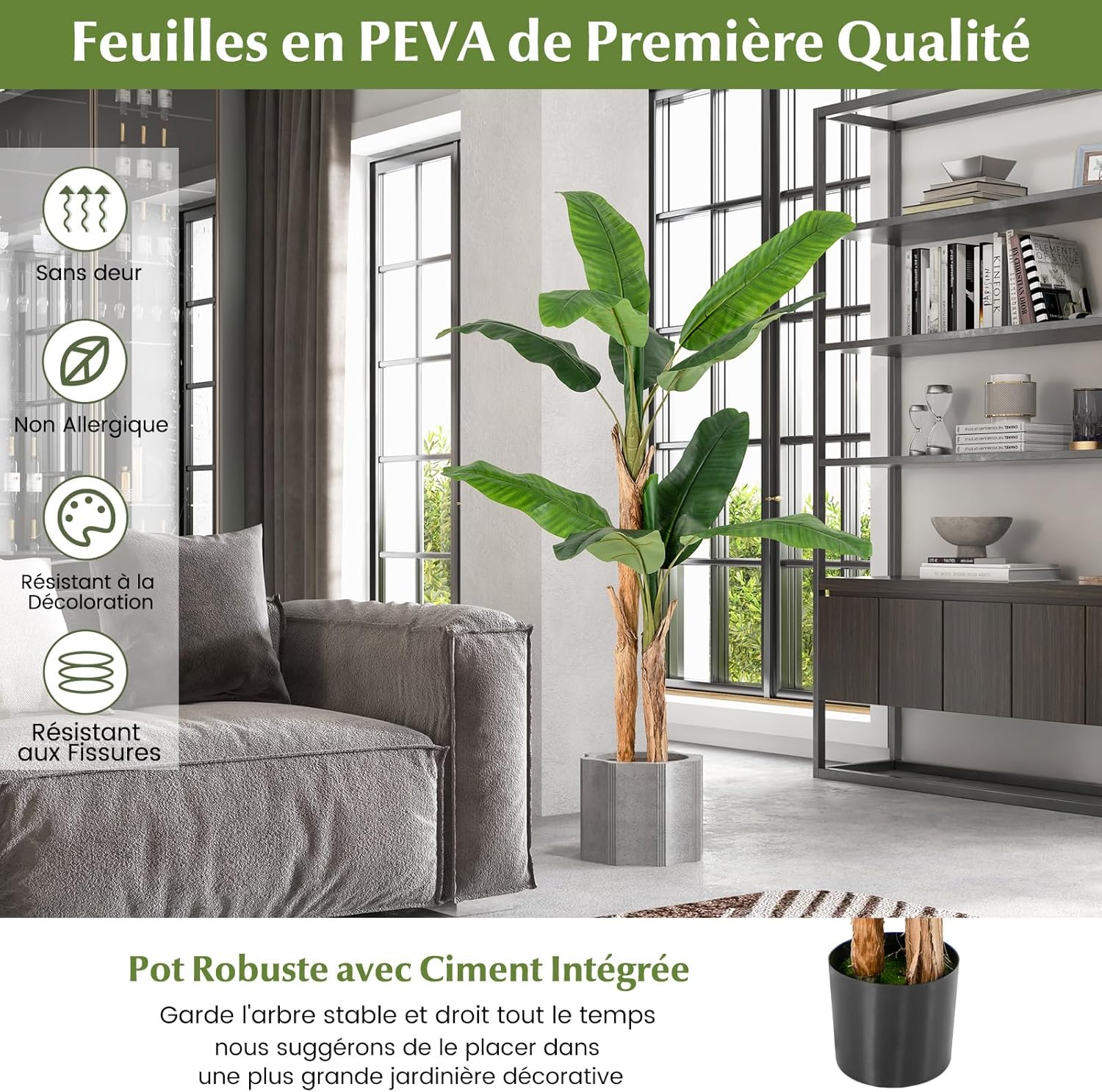 Plante Artificielle Tiges Doubles, Fausse Plante de Bananier 10 Grandes Feuilles Plante Verte en Pot, Décoration Palmier d'Intérieur 165 CM - 6
