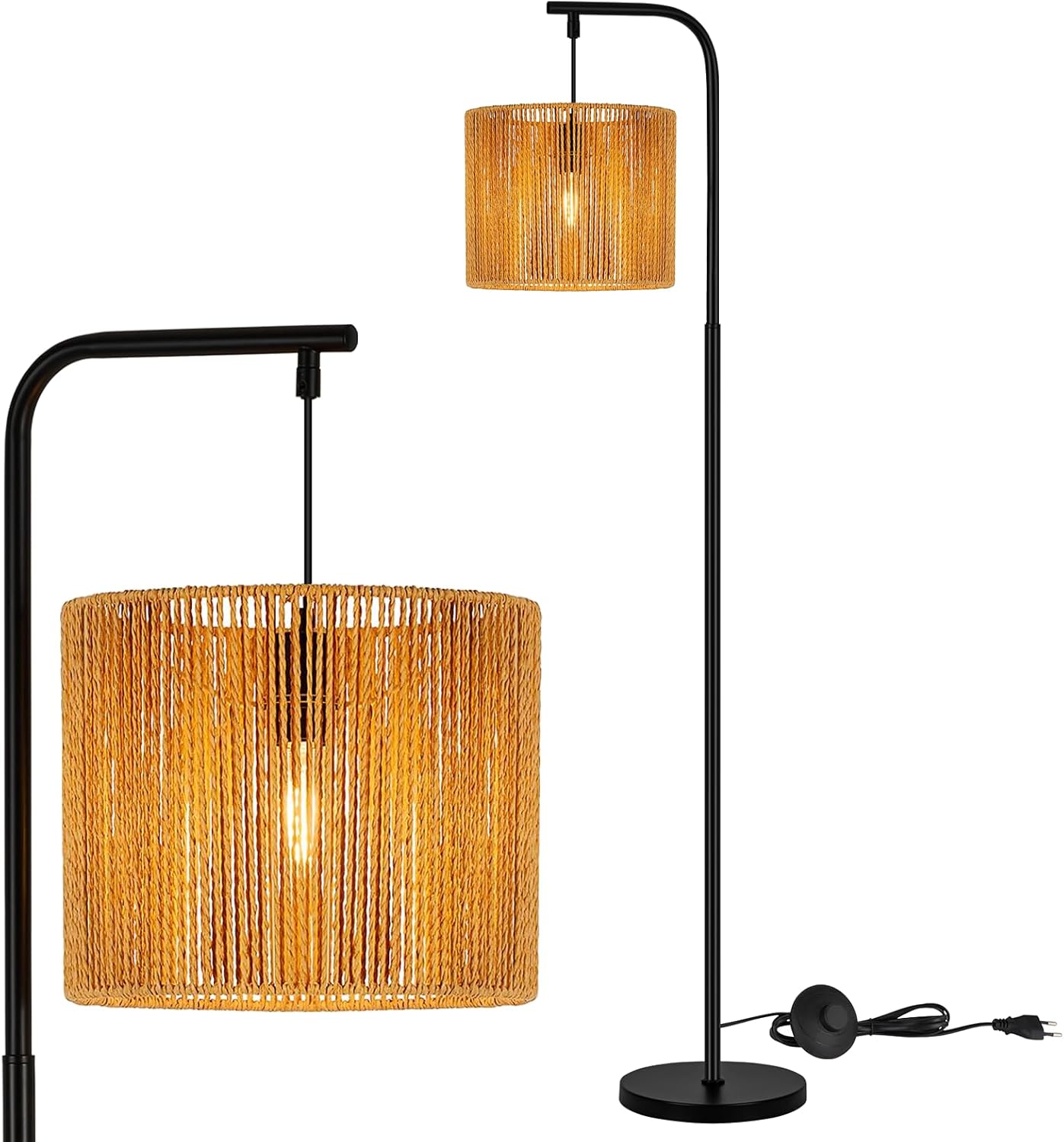 NETTLIFE Lampa Podłogowa Łukowa Boho Czarna, Abażur z Liny, Styl Vintage E27 164cm z Włącznikiem Nożnym do Salonu