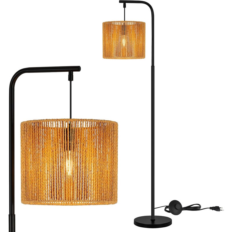 NETTLIFE Lampa Podłogowa Łukowa Boho Czarna, Abażur z Liny, Styl Vintage E27 164cm z Włącznikiem Nożnym do Salonu