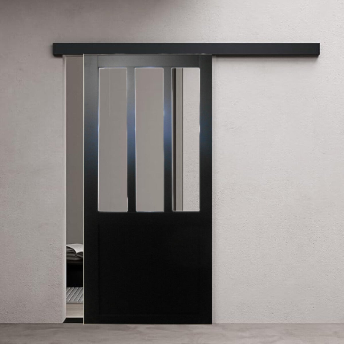 Porte Coulissante Atelier Noir Vitrée H204 X L73 Cm, Rail Alu Bandeau Noir Gd Menuiseries - 5