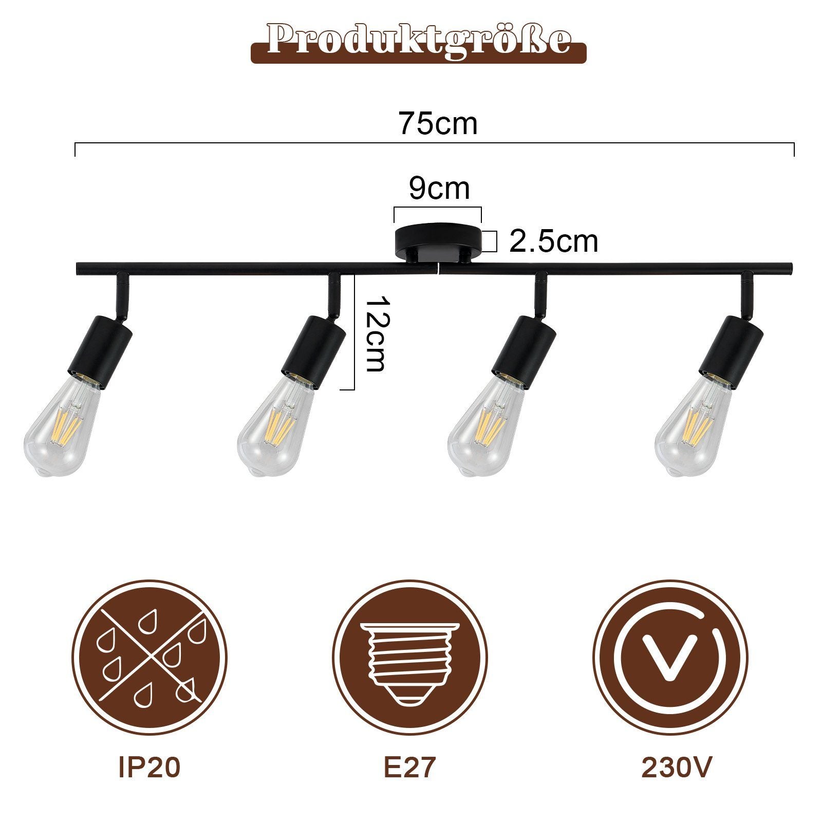NETTLIFE Plafoniera Faretto da soffitto nero E27 Lampada da industriale orientabile a 350° vintage per corridoio per (Senza lampadina) - 4