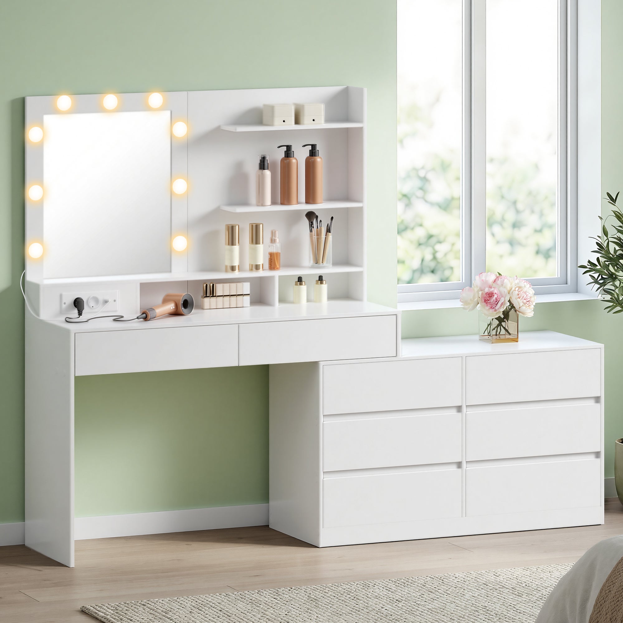 Table de Maquillage Modulable, en Ligne ou en L, Miroir LED 9 Ampoules, avec Multiprise, 8 Tiroirs, Blanc - 2