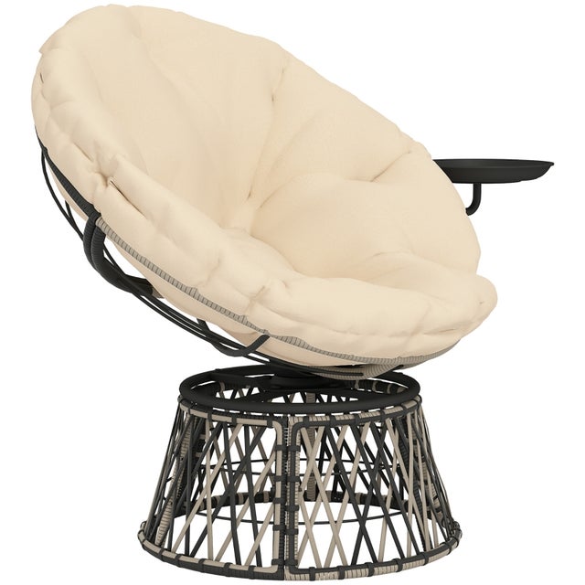 Fauteuil Papasan rotin 360°,coussin rond 90 cm diamètre,mobilier lounge salon jardin balcon,confortable,finition beige.