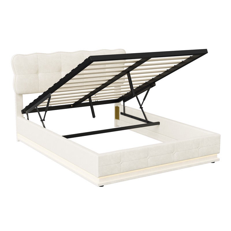 Lit coffre adulte 140x190 avec sommier, velours, LED Éclairage, structure métal, grand espace rangement, lit double, style scandinave - Beige - 3