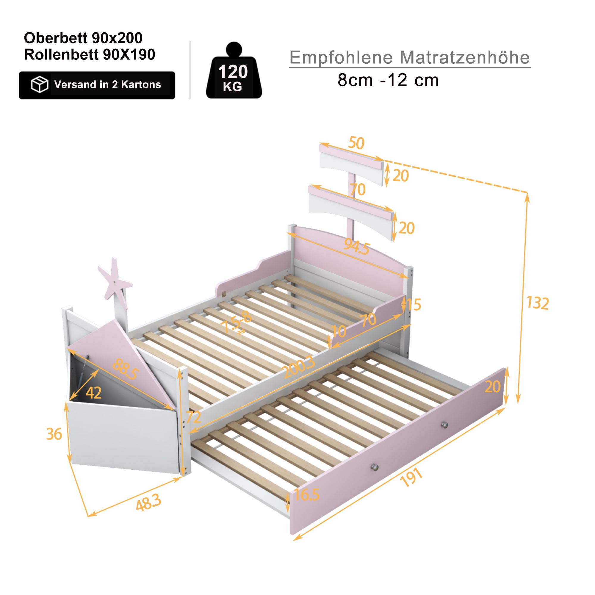 Letto per bambini 90x200cm con letto estraibile design barca legno rosa (Senza materasso) - 3