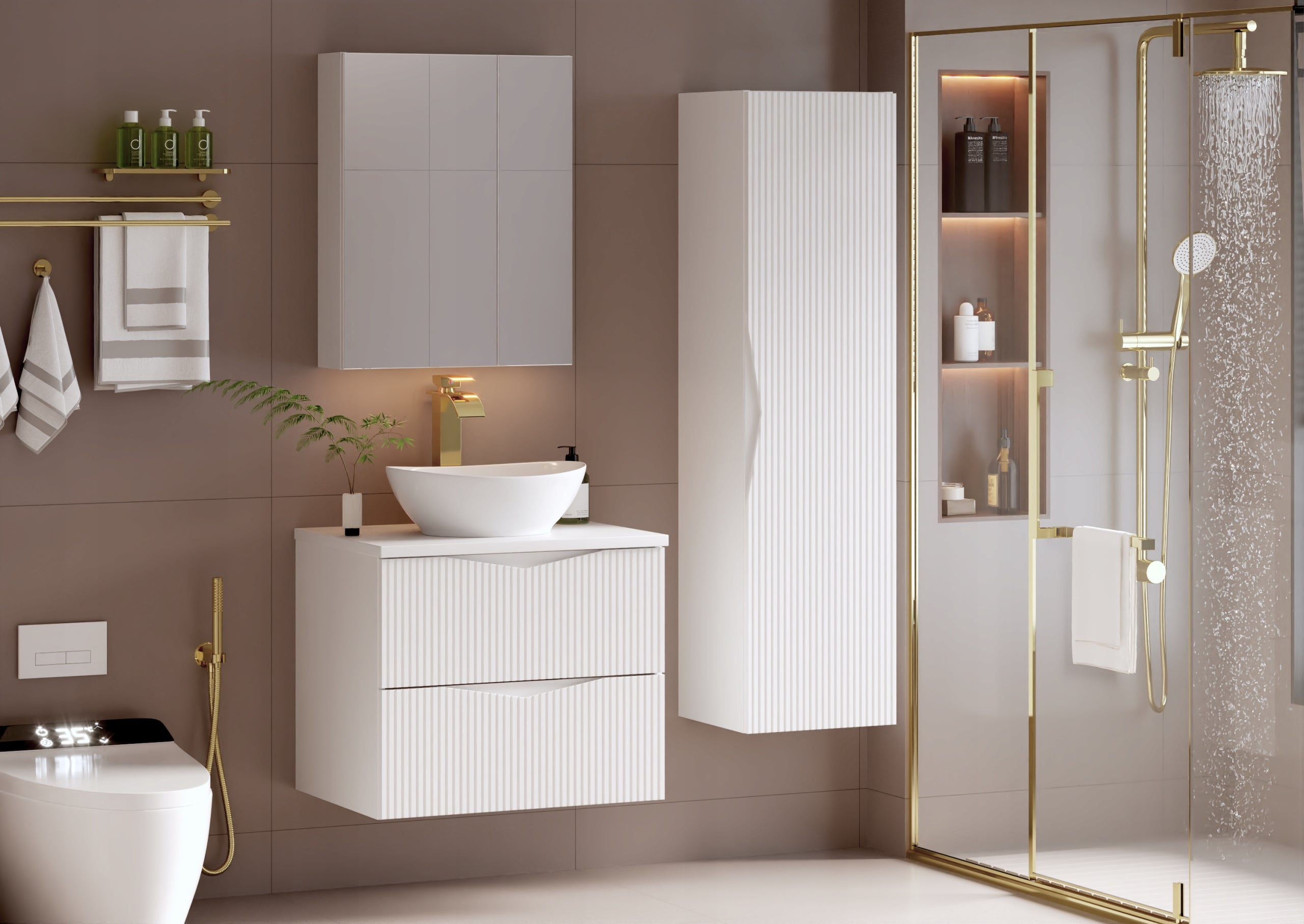 Szafka łazienkowa CLEO 60 cm biała z blatem wisząca 2 szuflady ryflowane fronty MDF - 9