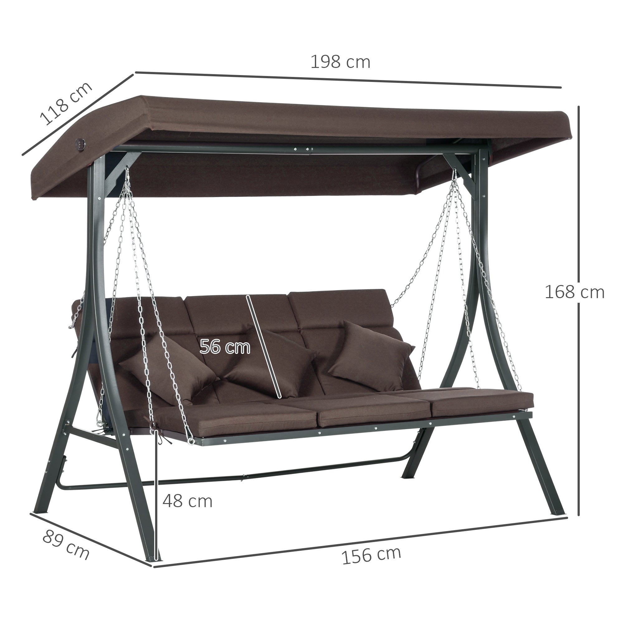 Cadeira de balanço 3 lugares 156x89x168 cm com telhado, almofadas, capacidade até 270 kg, estrutura de metal, marrom - 4