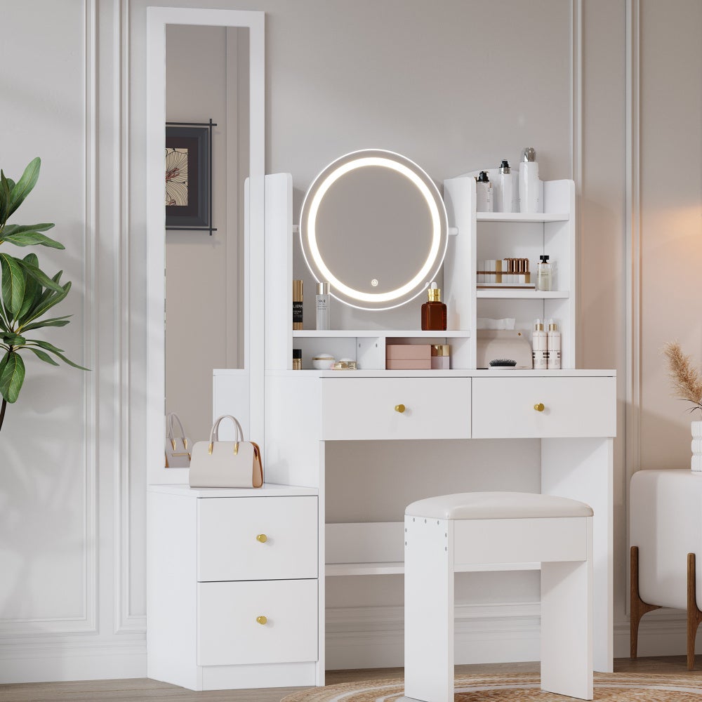 Szafka 4 w 1 Schminktisch z lustrem, LED, szufladami i ergonomicznym stołkiem.