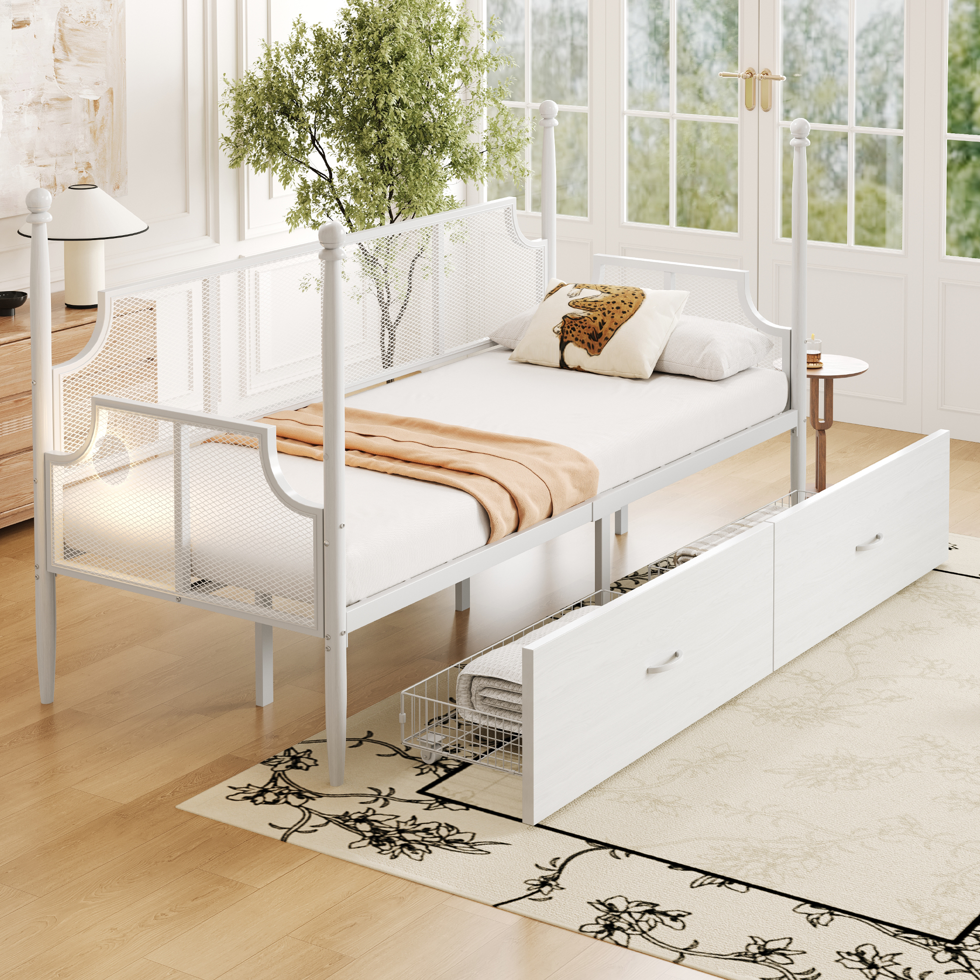 Sofa rozkładana z kutego żelaza 90x200 cm - Z 2 szufladami - Metalowa konstrukcja - Ze schowkiem - Biały