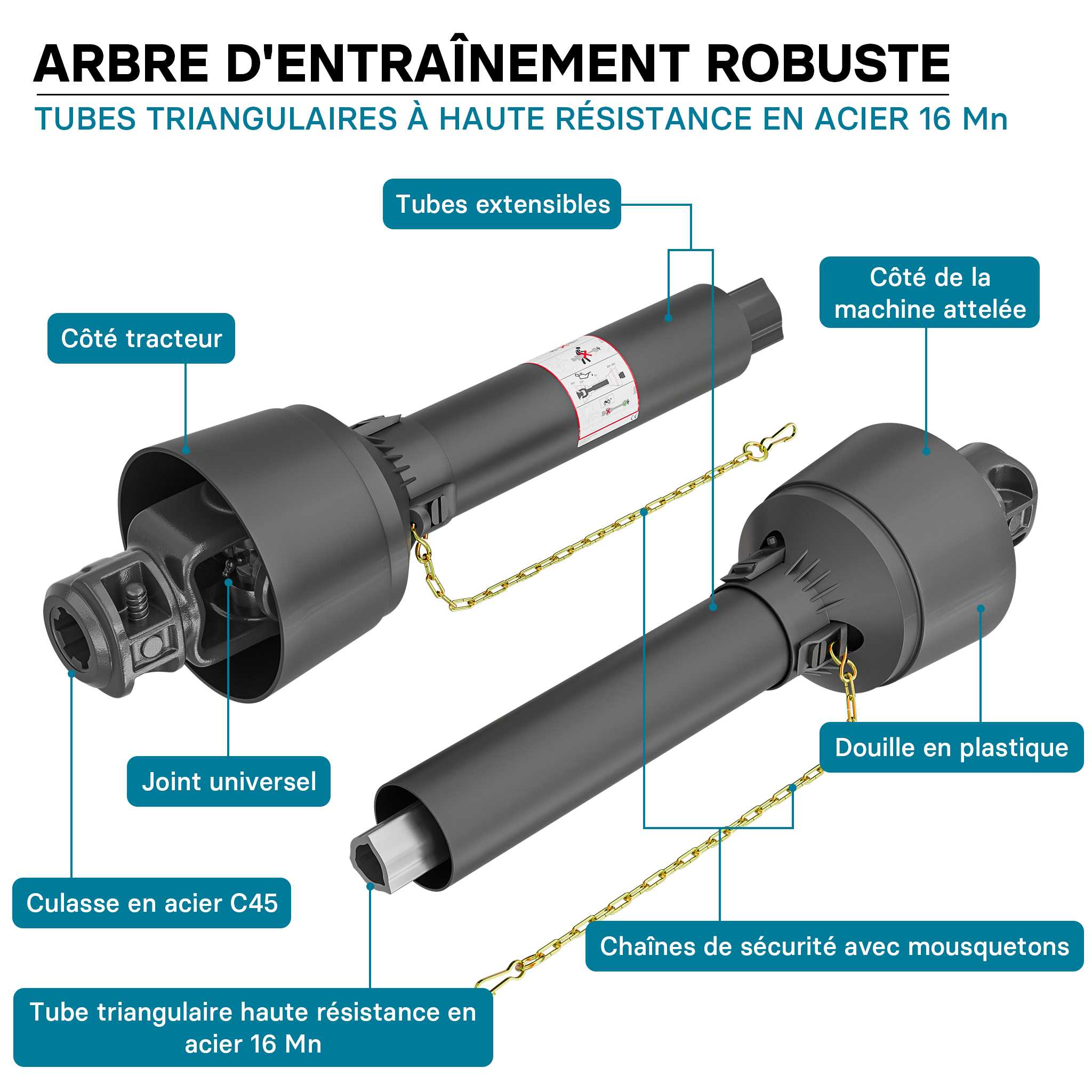 Arbre Transmission T6 Cardan 1000-1100mm 830Nm 540 tr/min 74kW (100CV) 2x 1 3/8