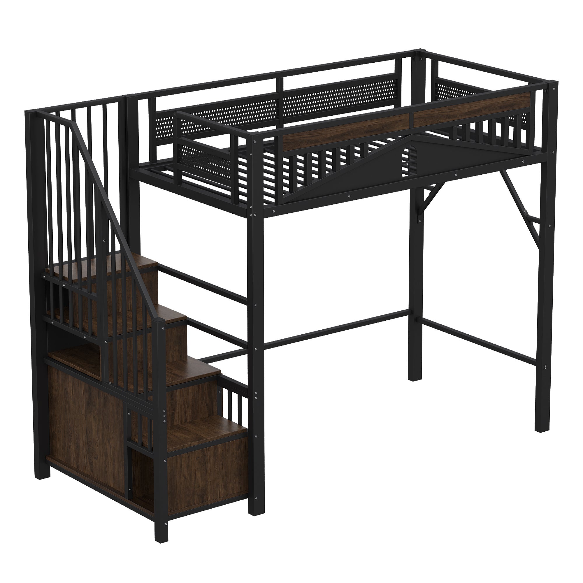 Lit mezzanine en métal 90 x 200 cm, enceinte de sécurité unique avec fenêtre, échelle de sécurité avec casier, noir - 9
