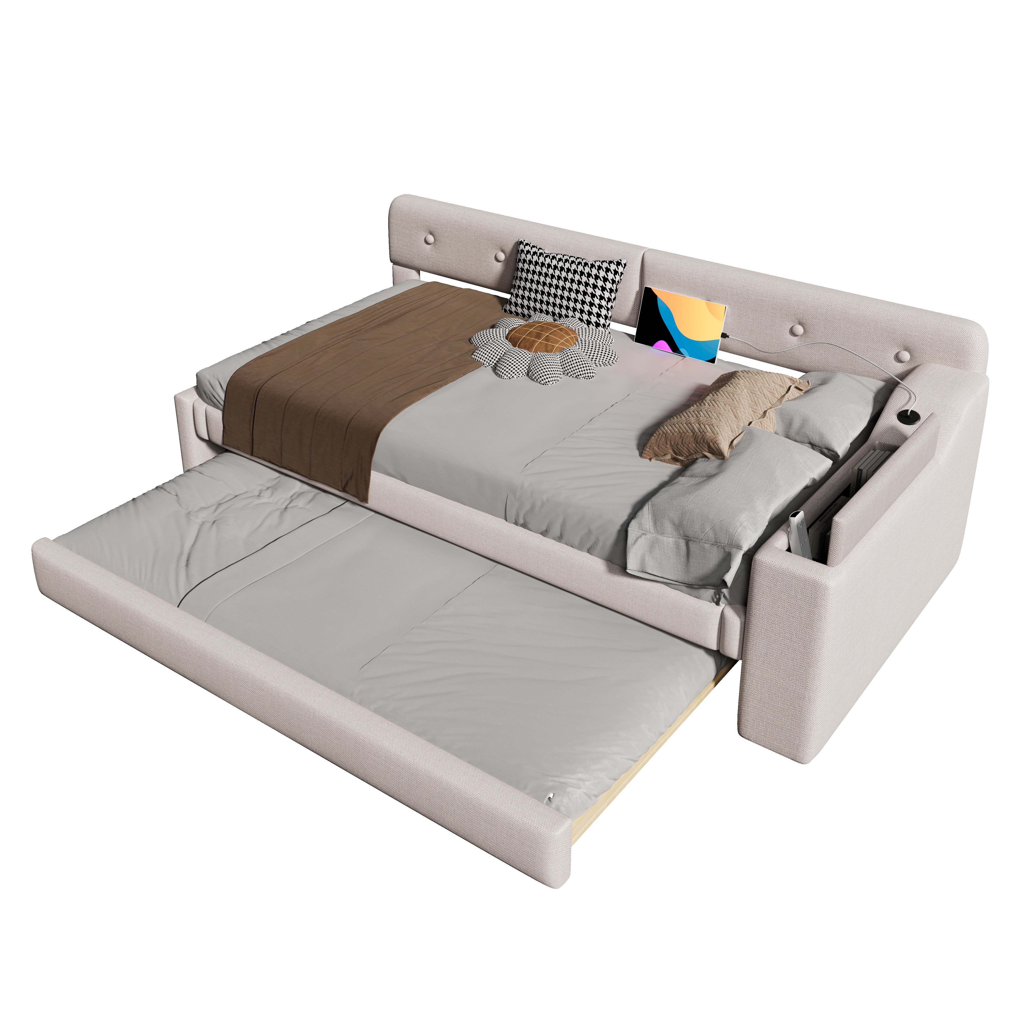 Canapé convertible, banquette-lit, méridienne, 90200cm, éclairage d'ambiance télécommandé, rangement de chevet, lit gigogne, prise + USB, sans matelas, blanc