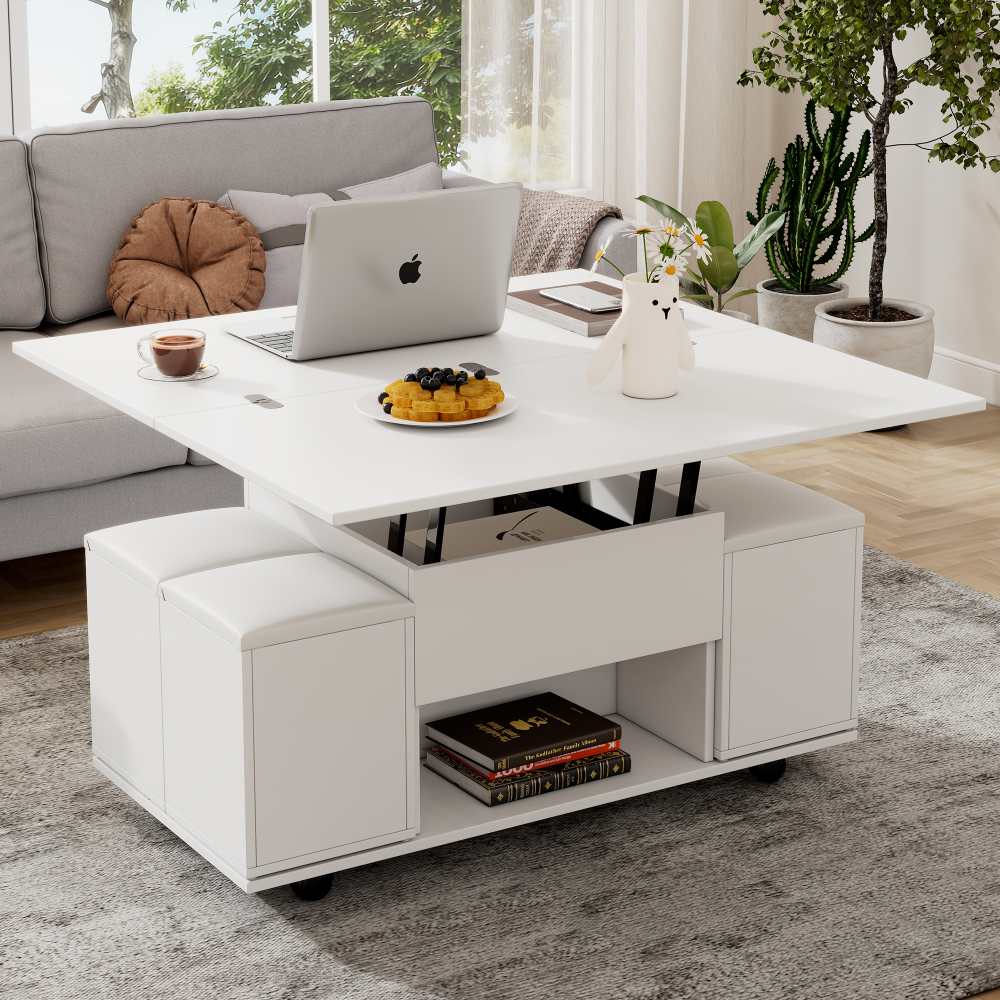 Table Basse Multifonction Réglable – 2-en-1 Bureau et Table à Manger, Surface en Bois Blanc, Espace de Rangement pour Salon et Bureau - 2