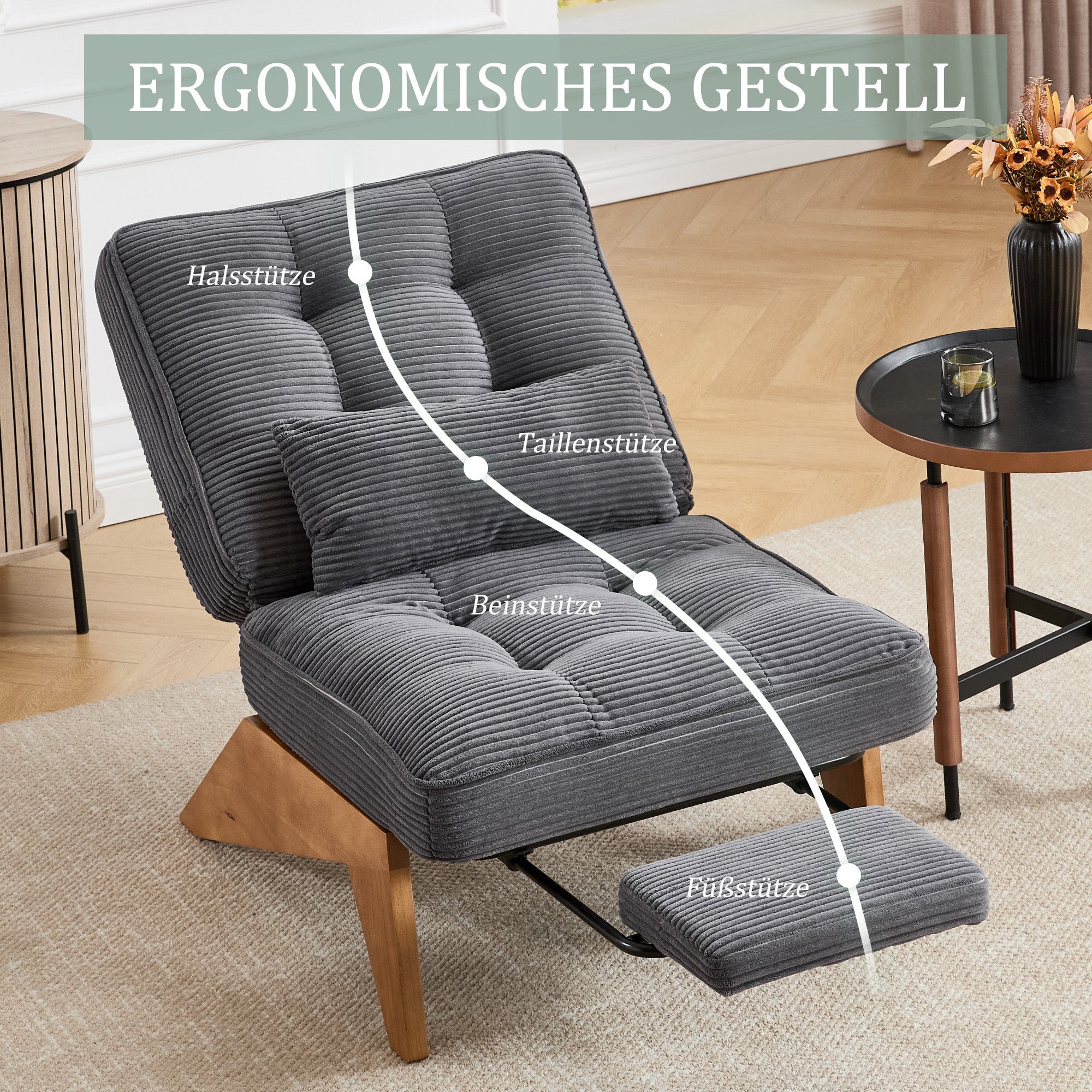 Fauteuil lounge moderne (sans dossier réglable, tissu) : repose-pieds, coussin lombaire, pieds en bois. Salon/chambre/bureau. - 3