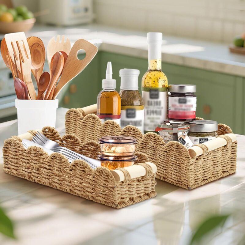 2 Pièces Panier Rangement Osier, Corbeille Rangement Papier Toilette Tressé avec Poignées en Bois, Boite Rotin pour Cuisine, Salle de Bain - 4