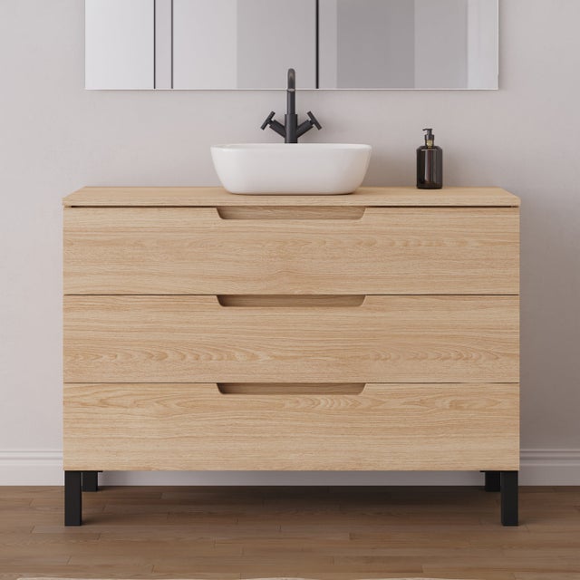 Meuble de salle de bain 120cm avec plateau et vasque à poser arrondie - 3 tiroirs - sans miroir - roble era (chêne clair) - RIZA