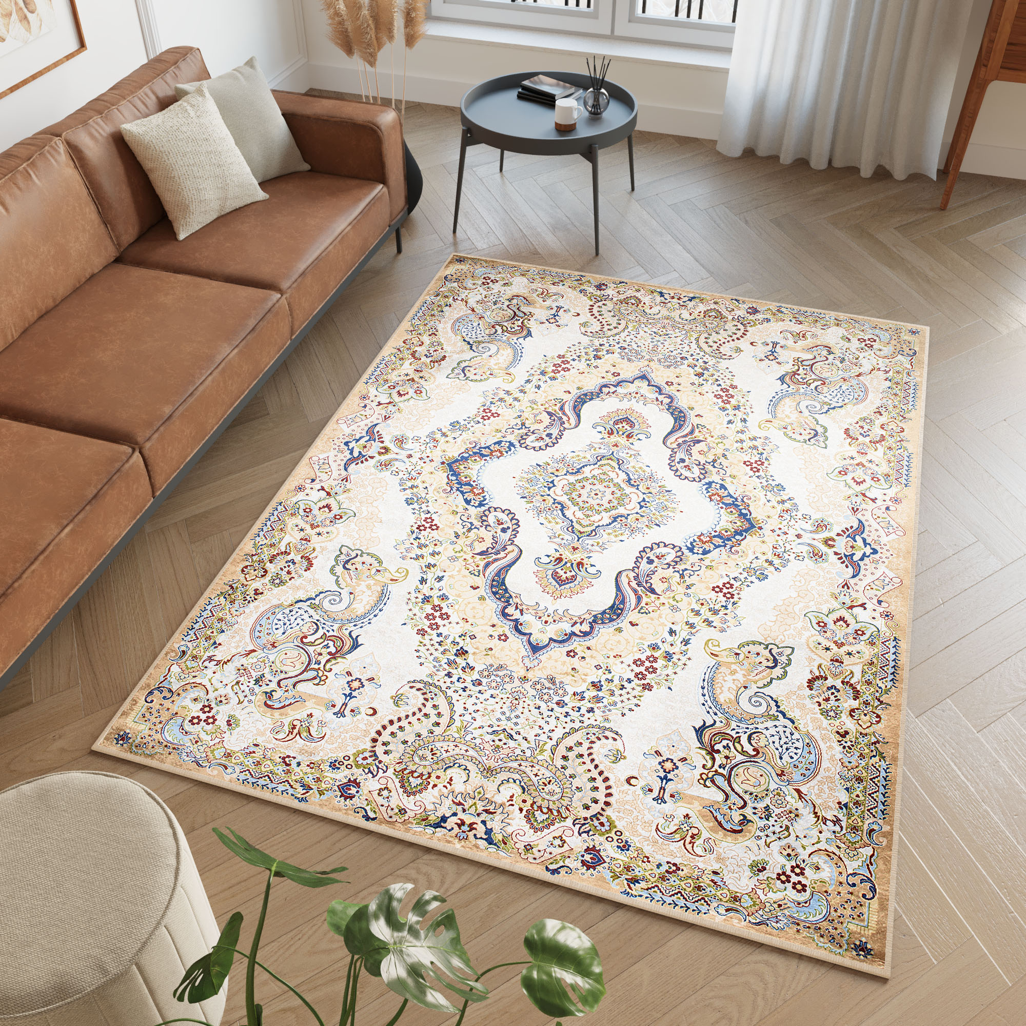 Tapiso victoria alfombra antideslizante de salón vintage crema dorado beige azul rojo patrón impreso sin pelo suave 80 x 150 cm