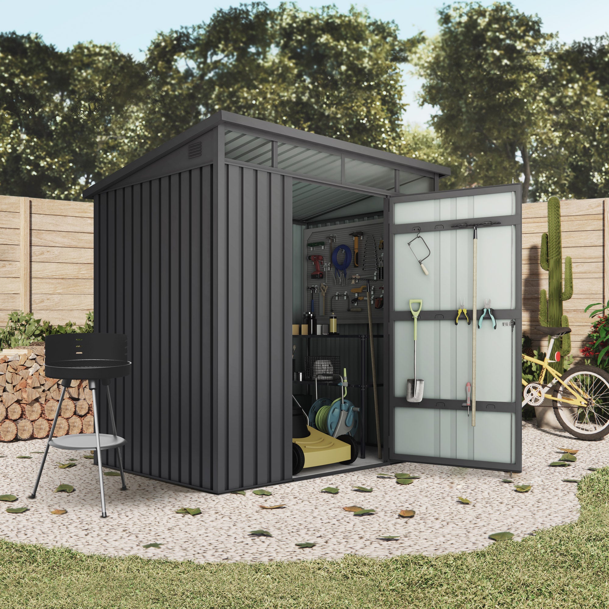 Abri de jardin en métal 3m2 avec fenêtre coulissante - Ep. 0,40mm résistant - Clé de porte incluse - 197x146x201cm – Anthracite - Cabane extérieure - 2