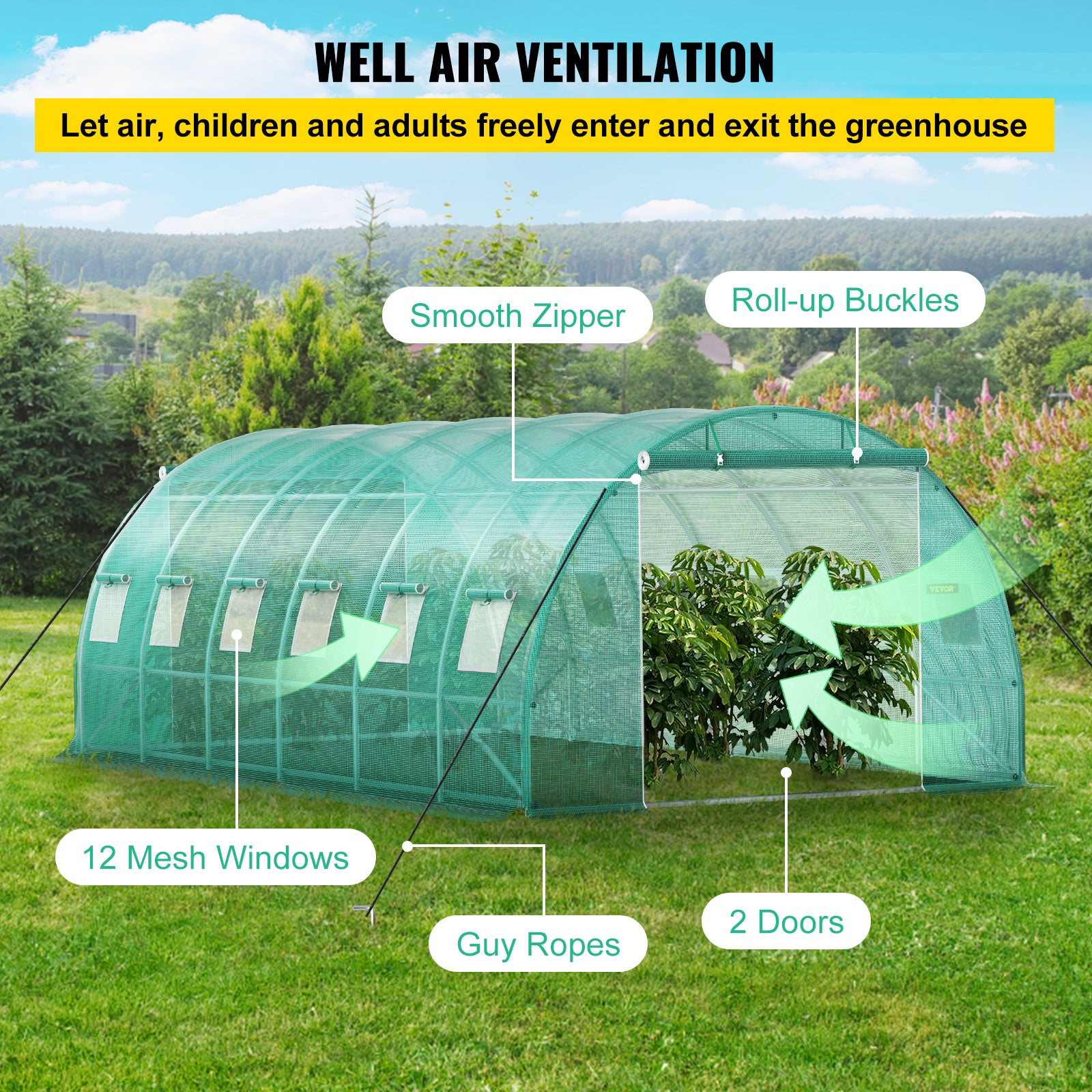 Serre Tunnel Jardin VEVOR 6,1x3x2,1 m Tente Abri Plantes Cadre en Acier Galvanise Couverture Etanche PE 3 Poutres Superieures 4 Poteaux Diagonaux 2 Po - 5