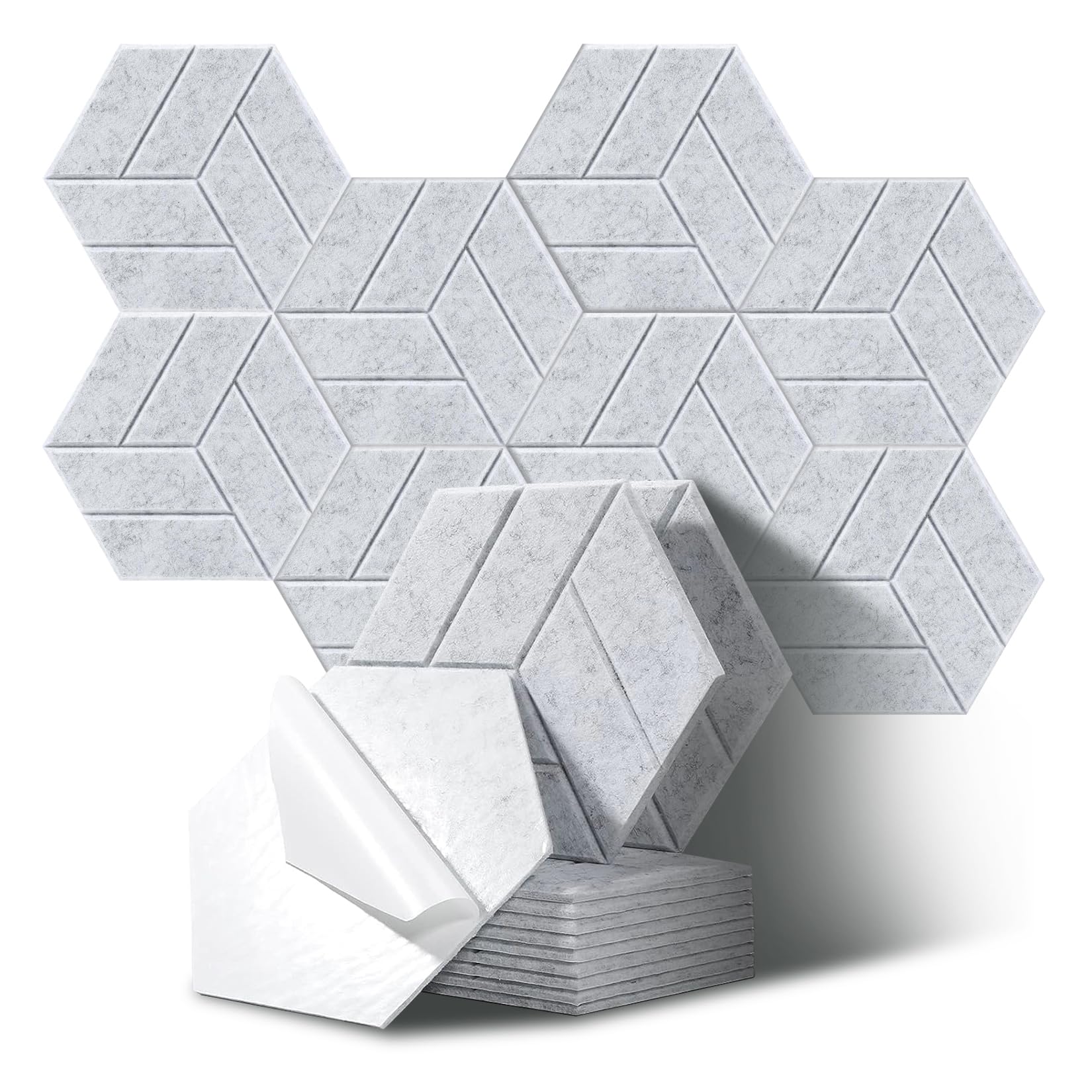 Paquete de 12 paneles acústicos autoadhesivos, paneles acústicos de poliéster de alta densidad, paneles de insonorización hexagonales, gris claro