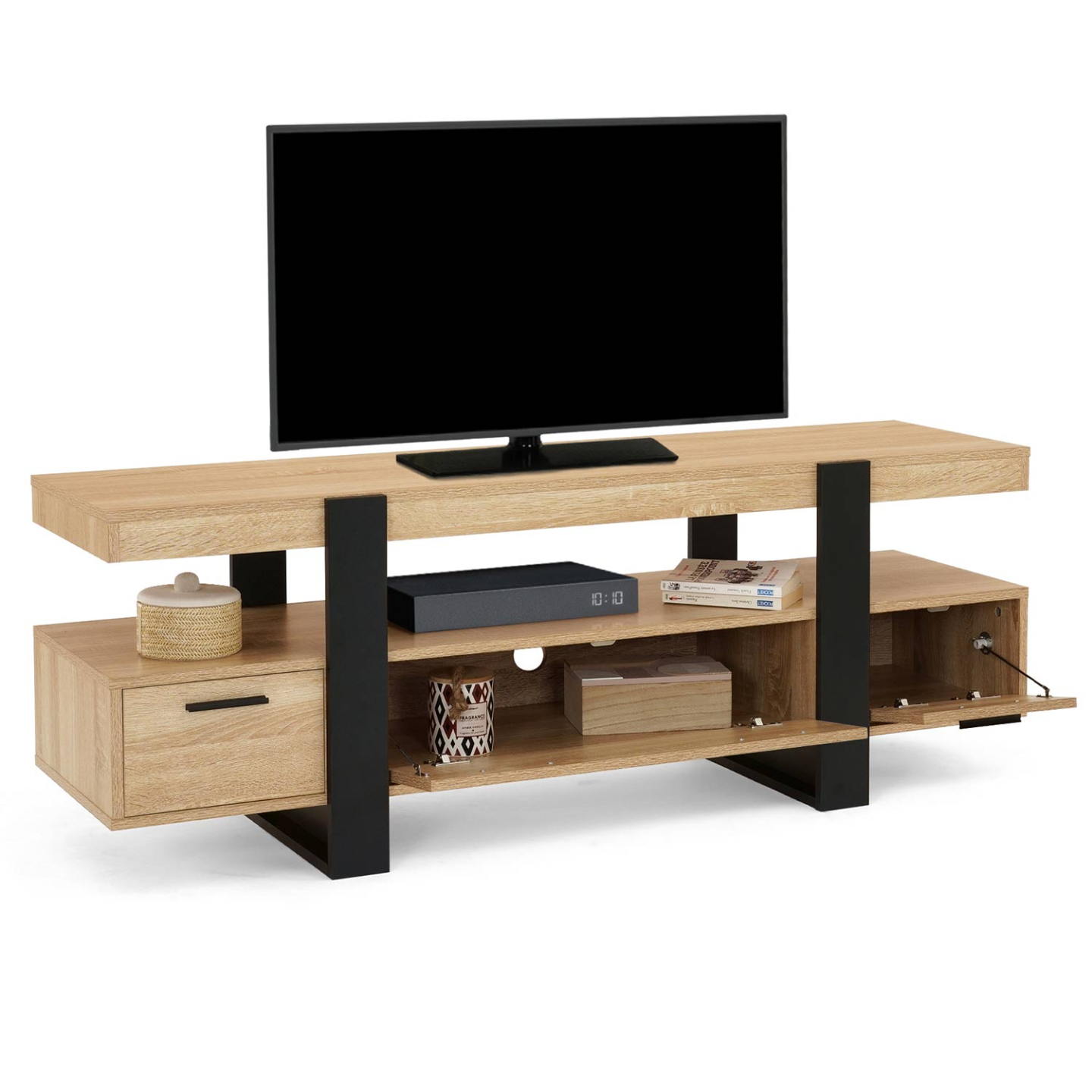 Meuble TV 140 cm PHOENIX avec tiroirs bois et noir - 4