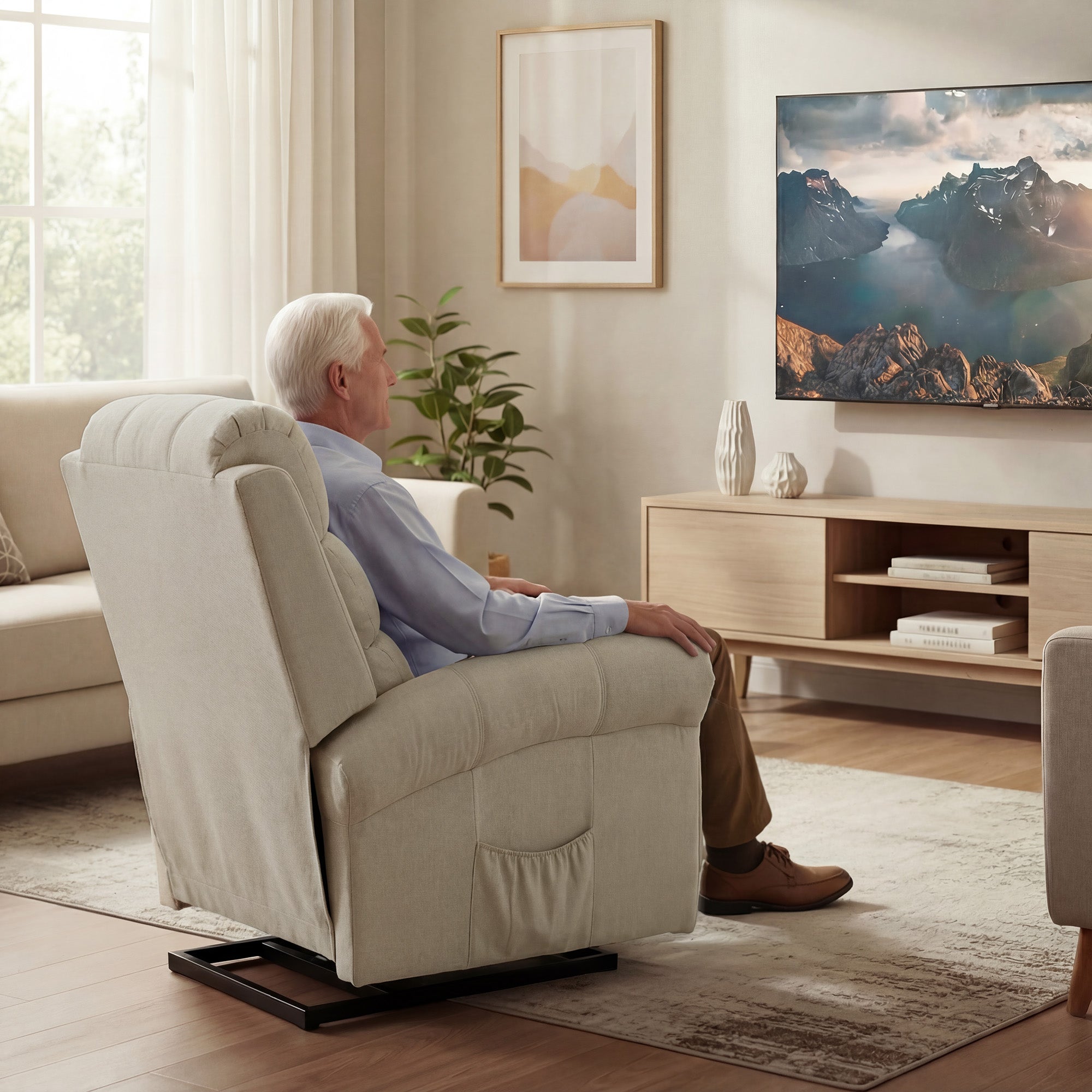 Fauteuil releveur électrique - HOMCOM - massage et chauffage, dossier inclinable, ports USB - tissu en lin - 87x87,5x108cm - beige - 5