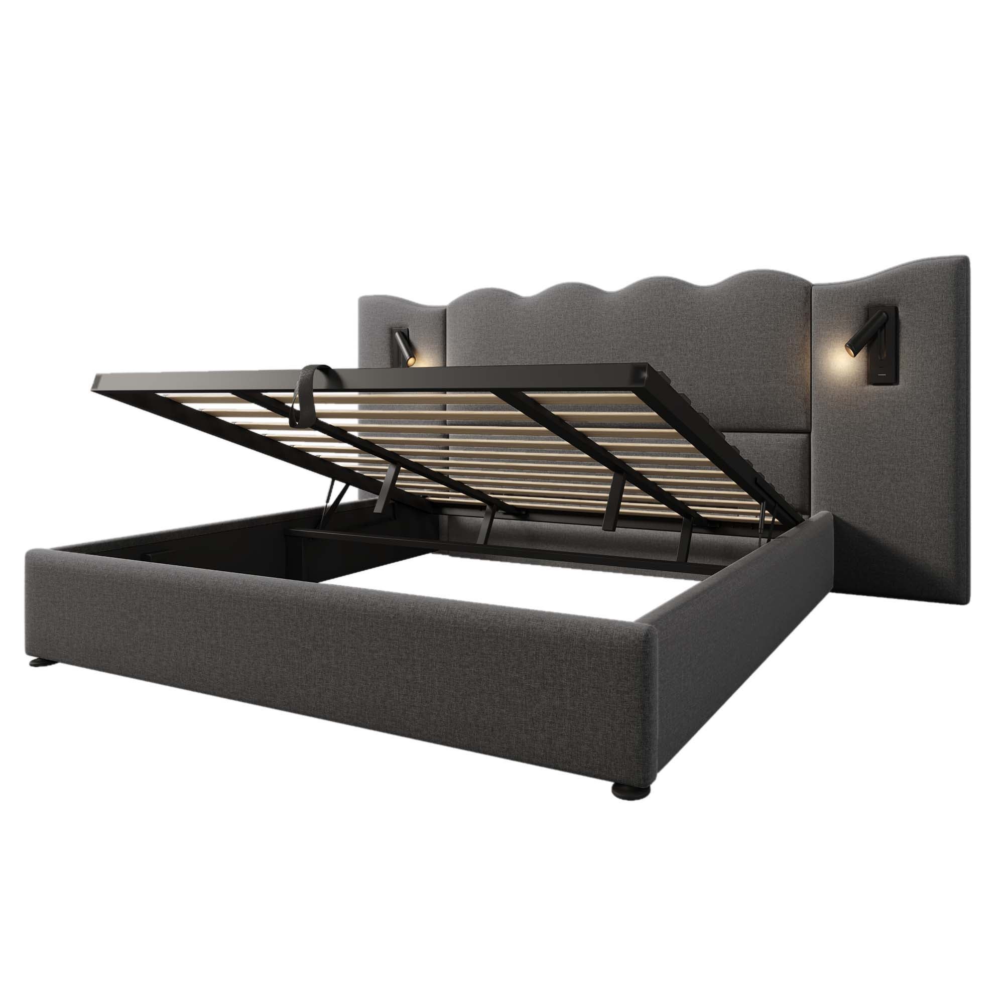 Lit double rembourré 180×200 cm avec lampe de lecture et fonction de charge USB Type-C, bois massif et métal, gris, sans matelas - 6