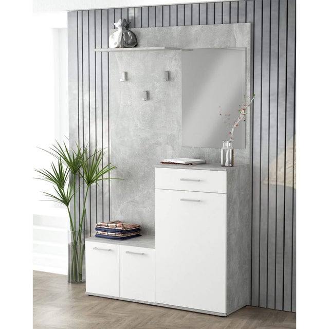 Mobile ingresso con cappelliera specchiera appendiabiti e 2 ante contenitive di colore Cemento chiaro e Bianco mod. Smeraldo