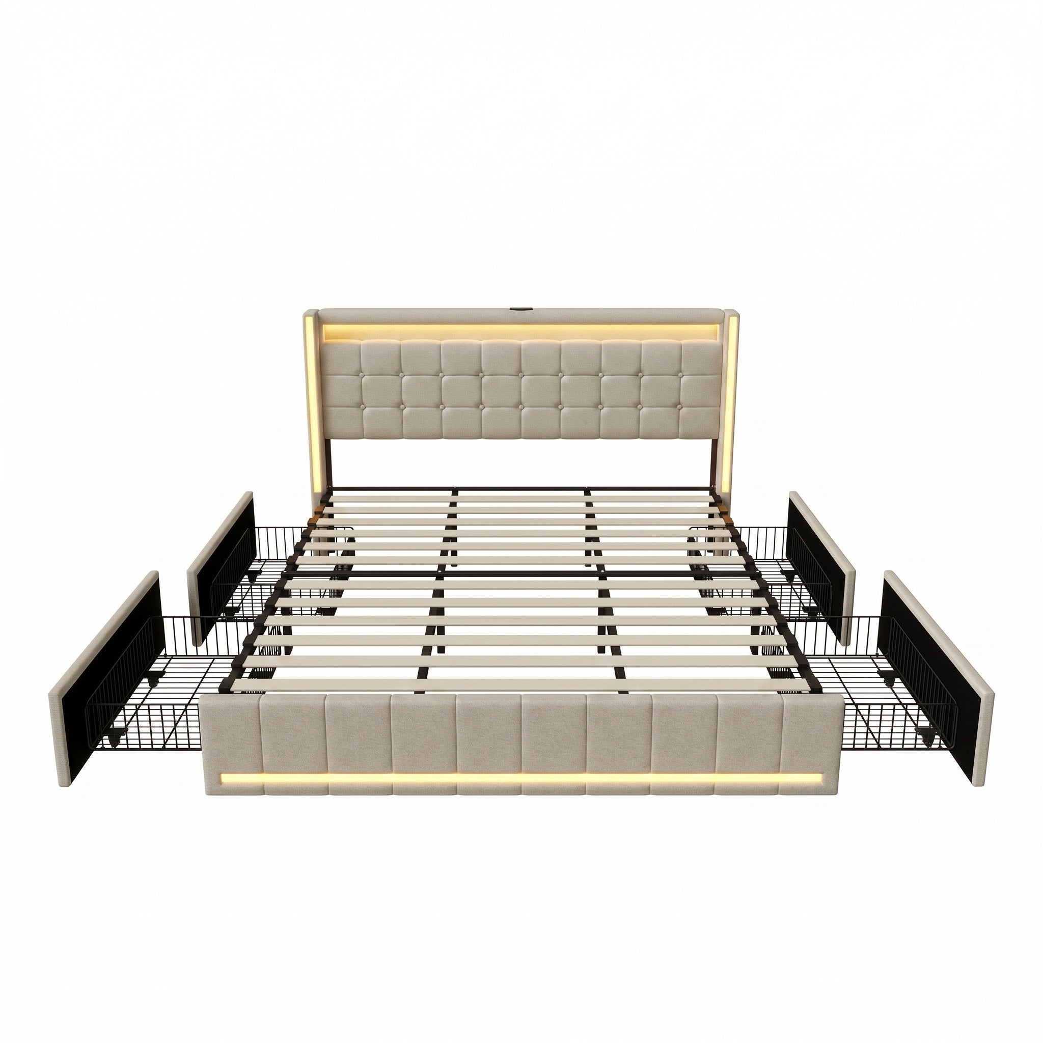 Lit 180x200 avec 4 tiroirs, sommier à lattes, lit double adulte capitonné, tête de lit LED, ports USB et Type-C, lit king size, tissu lin, Beige - 4
