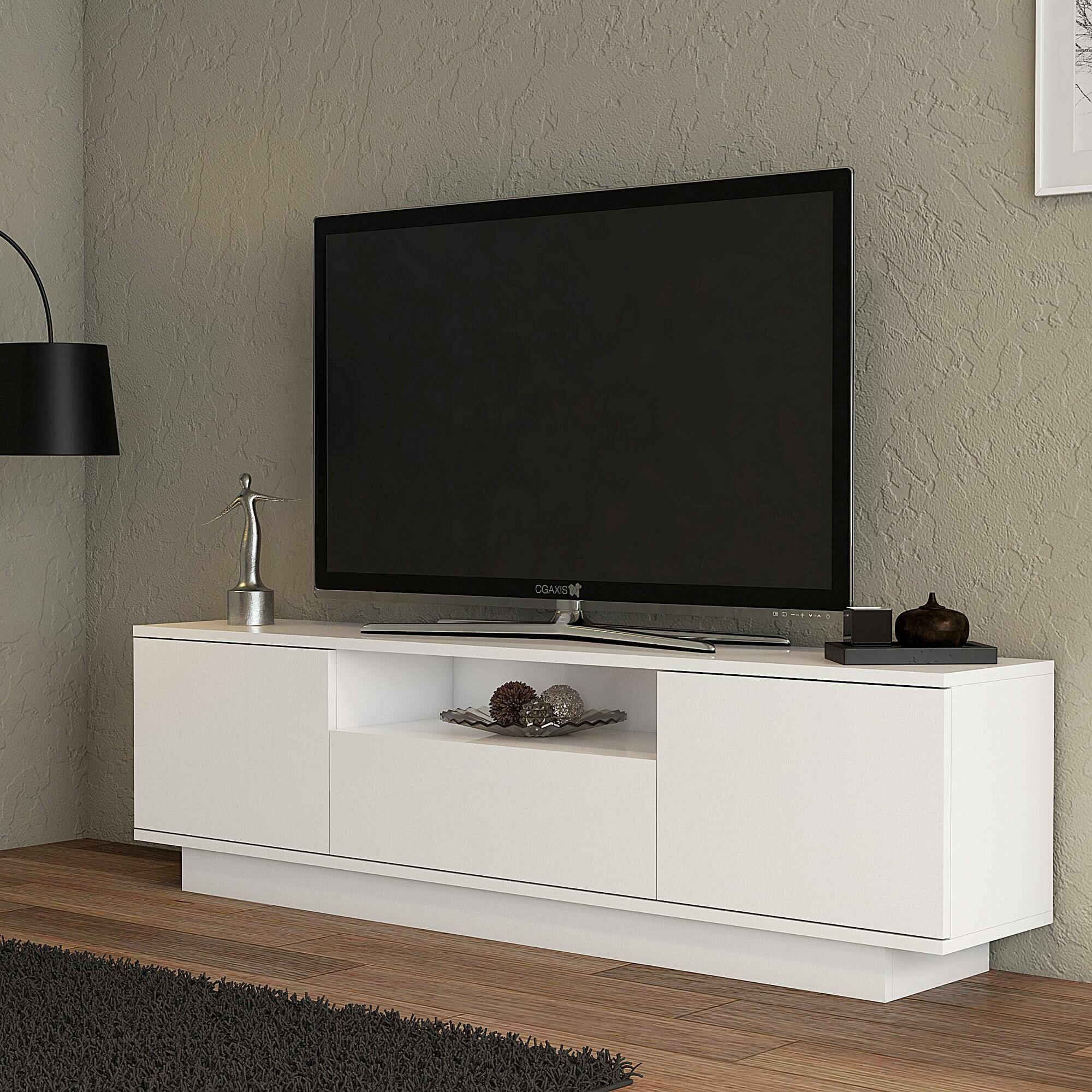 Cozy Castle Mobile TV Bianco Con Presa - 135x40x16 Cm - 2 Ante, TV Fino A 55 Pollici