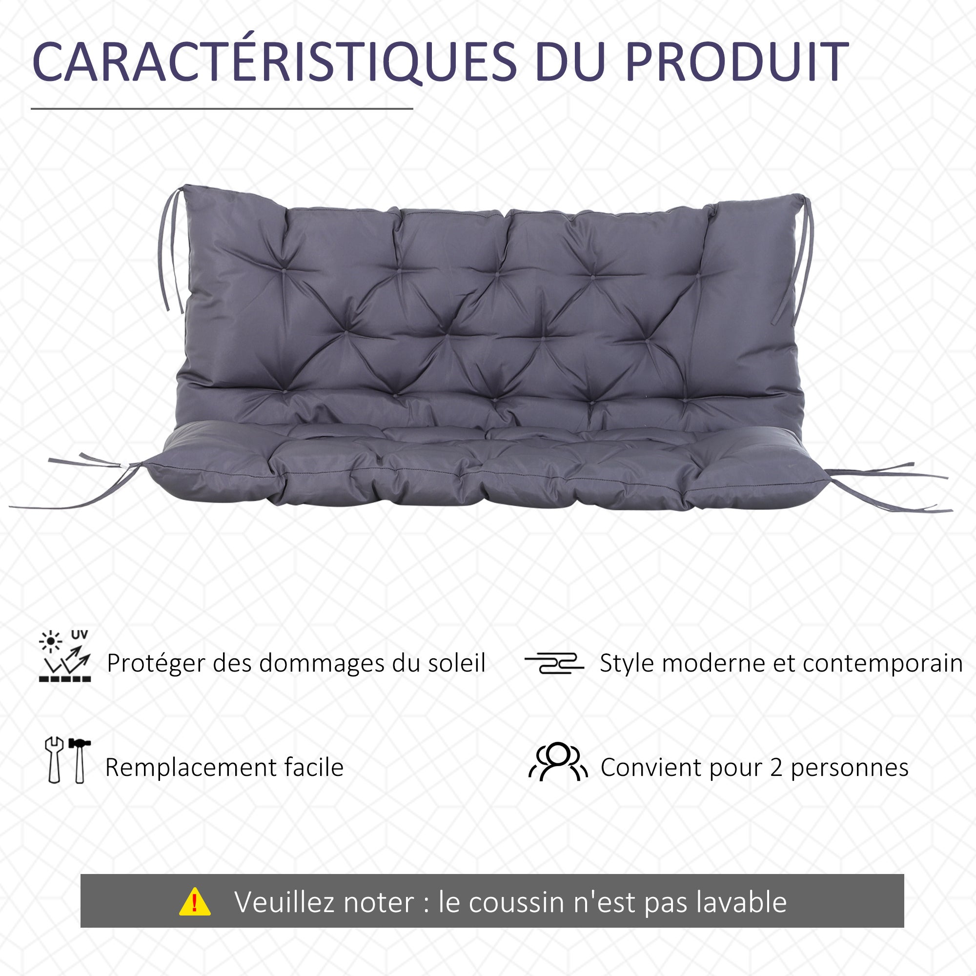 Coussin d'assise et dossier tissu 2 places gris Outsunny - 5