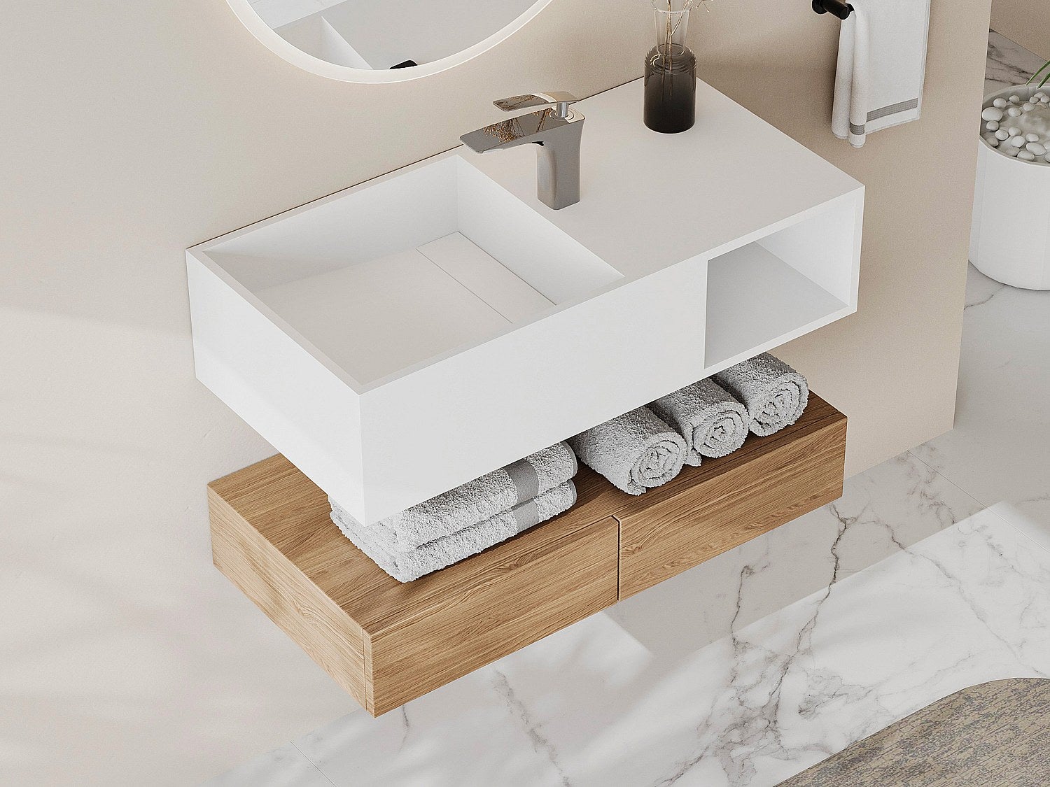 Umywalka wisząca z litą powierzchnią z wnęką – Biała – Szer. 80 x Głęb. 40 x Wys. 20 cm – GOYOKO