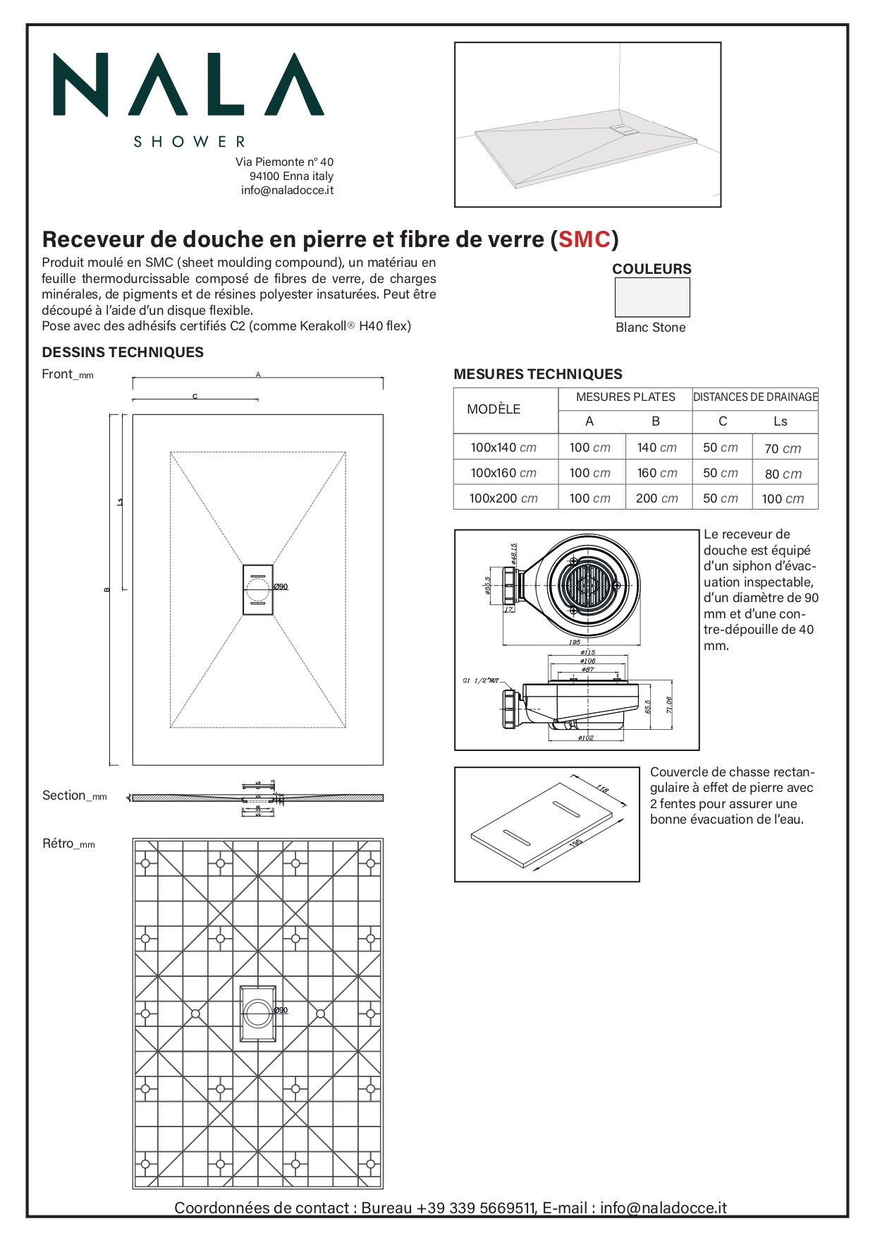 NALA - Receveur de douche SMC en fibre de verre effet pierre avec bonde inclus H. 2,6 cm 80 x 150 Blanche - 5