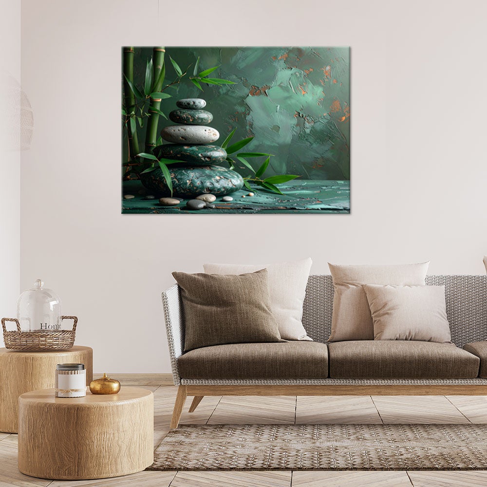 Obraz do salonu sypialni kuchni, Kamienie zen spa liście bambusa zielony 90x60 - 2