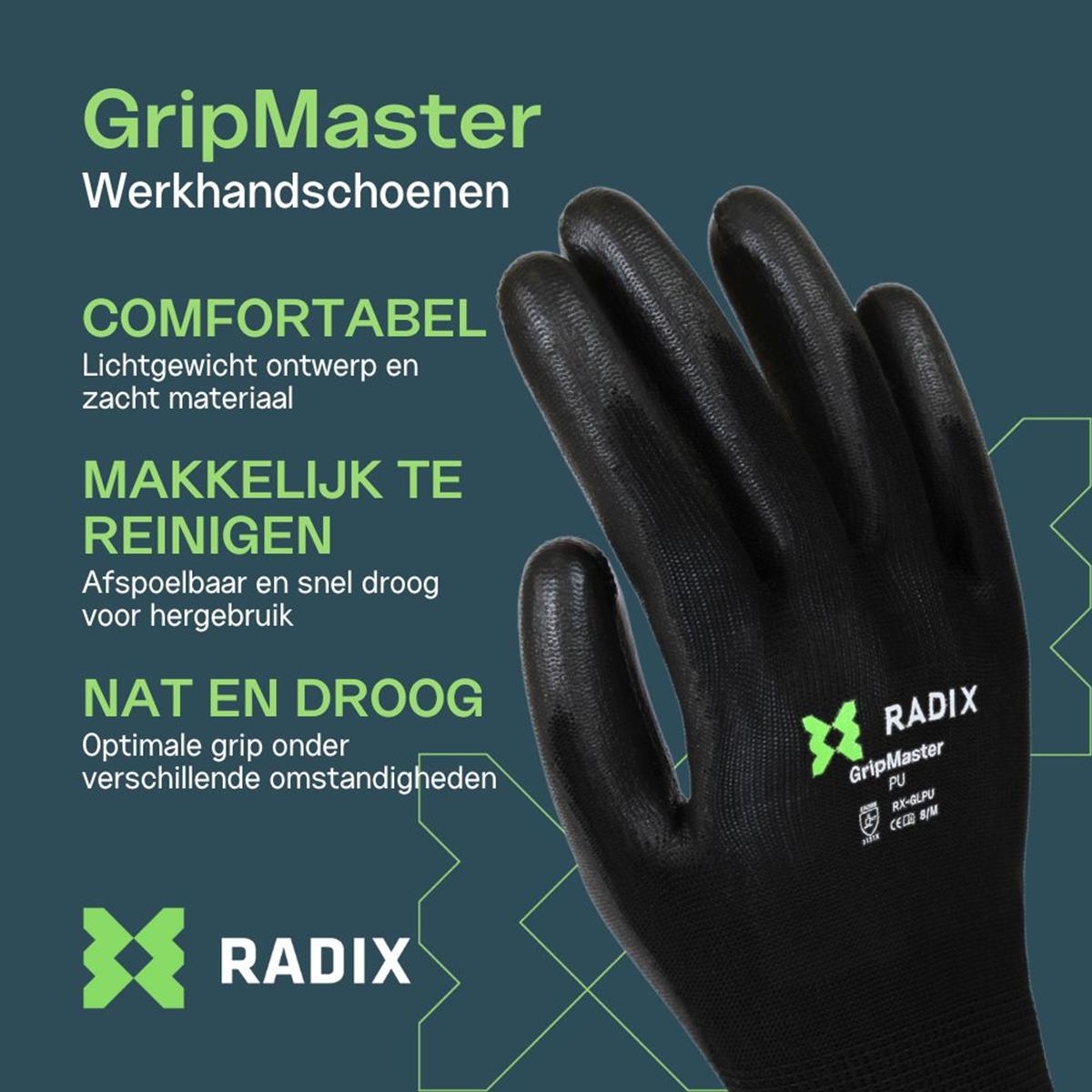 Gants de travail - Radix - GripMaster - PU noir - Taille M8 / S - 4