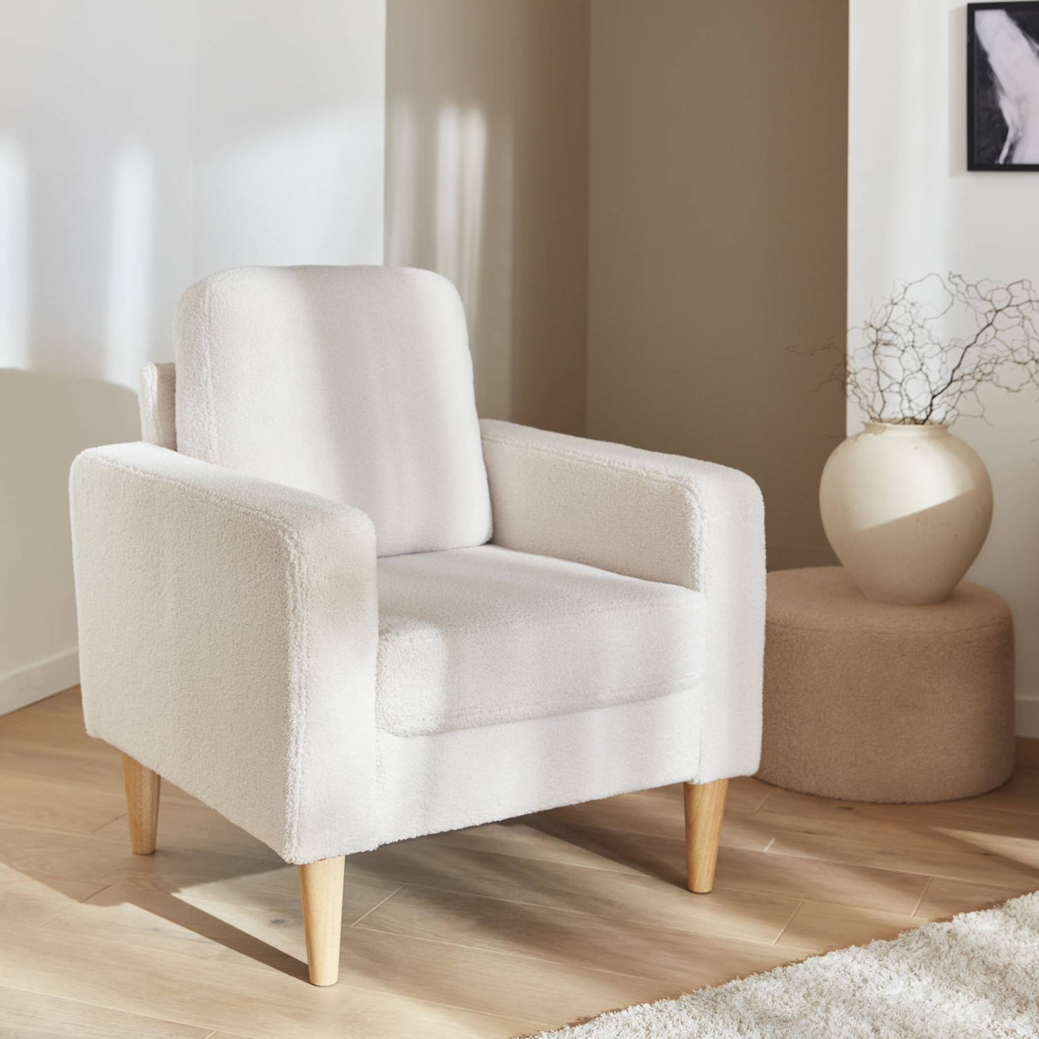 Fauteuil à bouclettes crème. scandinave - Bjorn - Canapé 1 place fixe droit pieds bois - 2