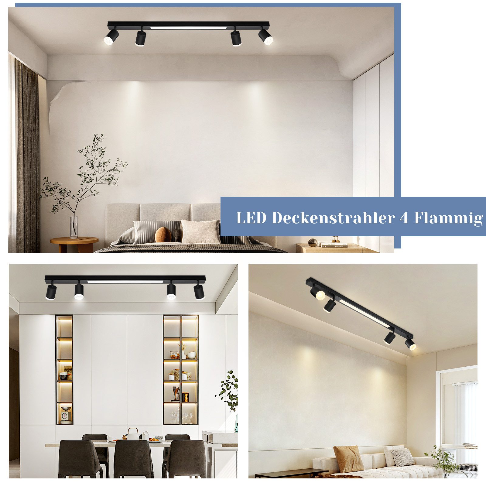 NETTLIFE Plafón LED regulable 4 bombillas negras 38W con mando a distancia 3000K-6500K orientable 350° - 8