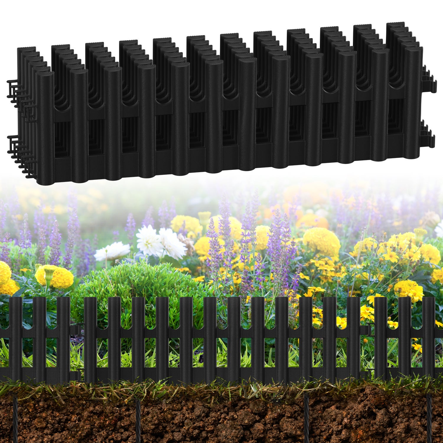 Krawędź ogrodowa – zestaw 6 elementów 43 x 13 cm – łącznie 2,6 metra – ogrodzenie z elastycznego tworzywa sztucznego – kolor czarny