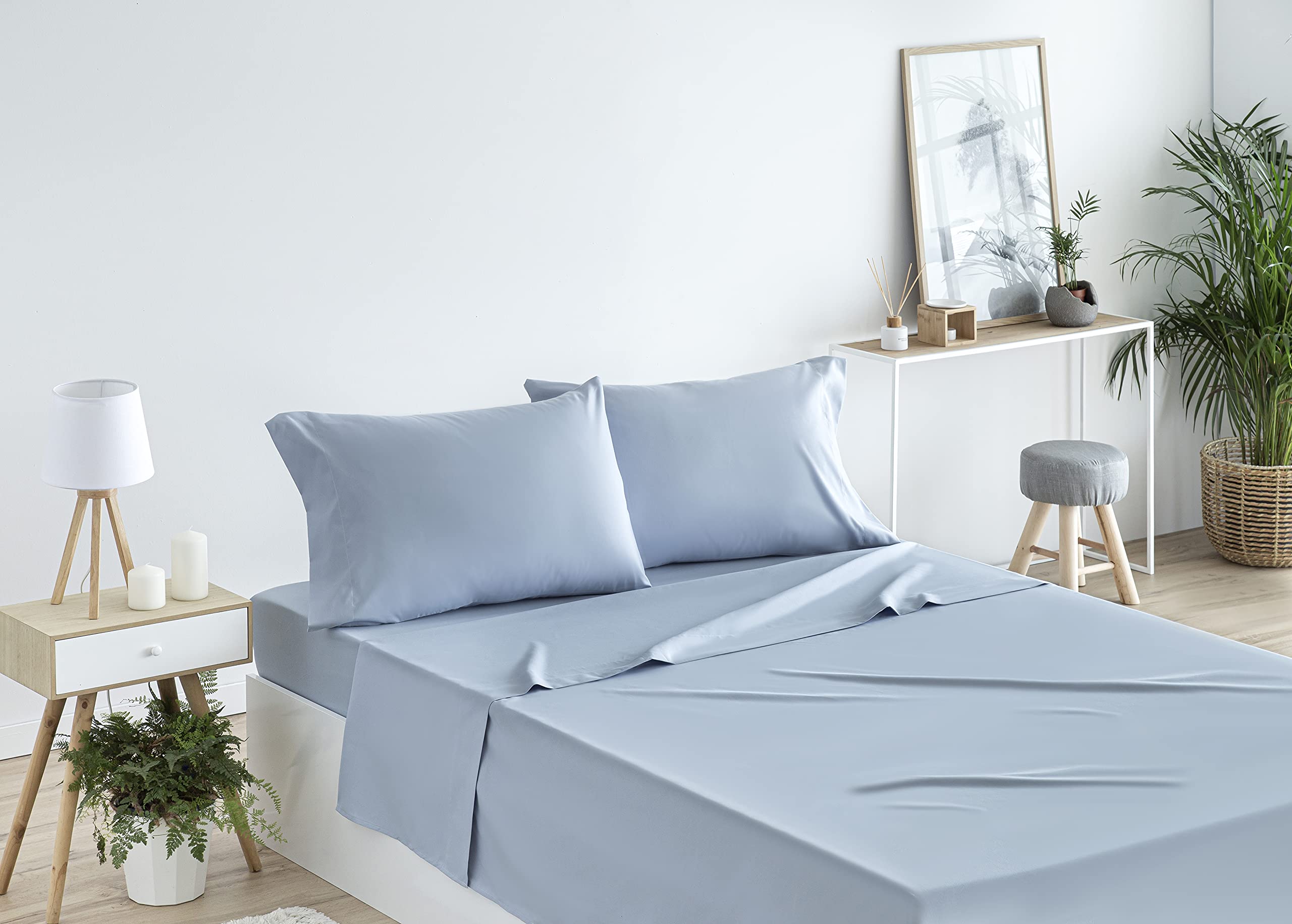 Juego de Sábanas de 4 Piezas (Bajera, Encimera y Dos Fundas Almohada) Cama de 150 x 190/200 cm Azul Claro TODOCAMA - 5