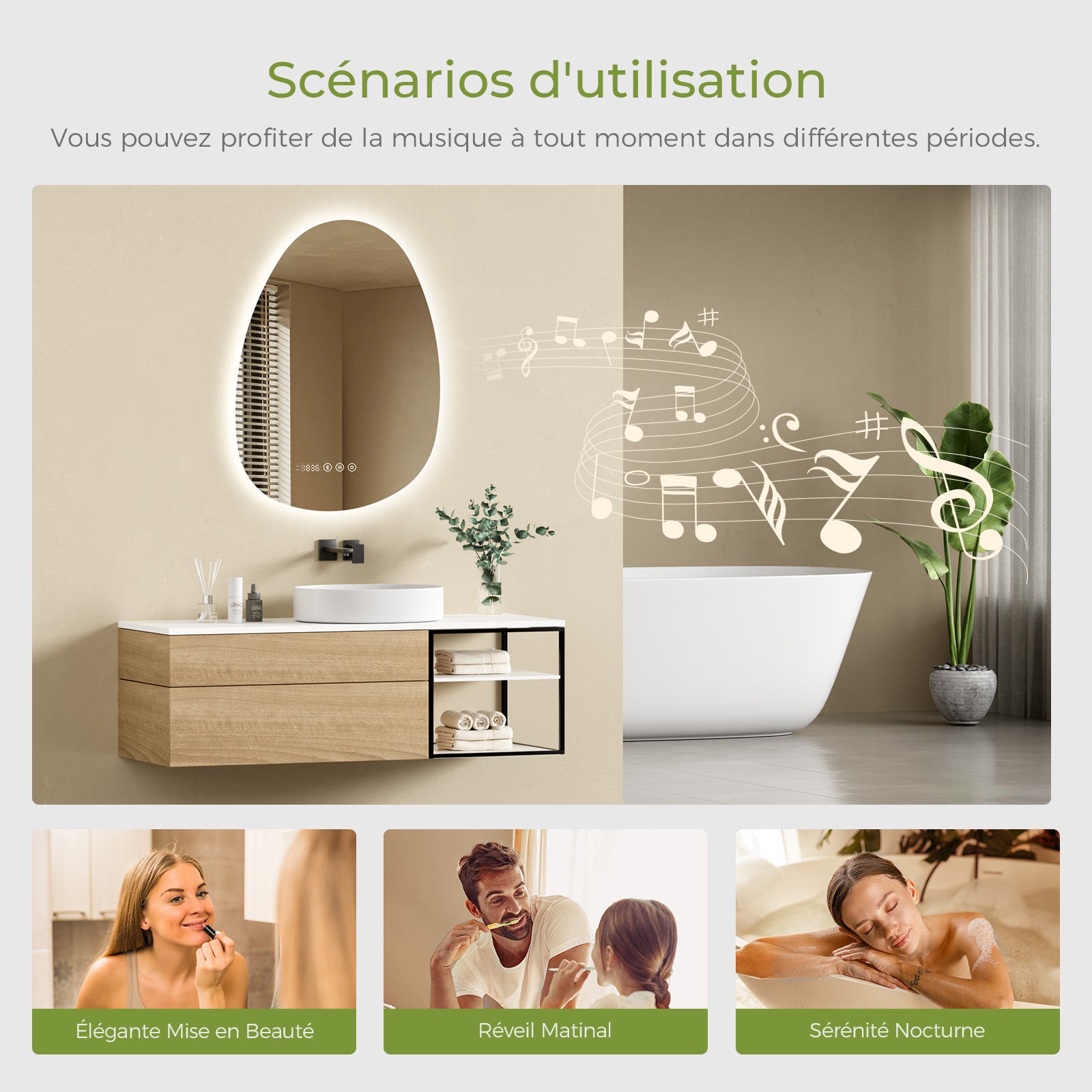 S'AFIELINA Miroir de Salle de Bain avec Éclairage Asymétrique 75 x 55 cm, 3 Couleurs de Lumière Réglables, Antibuée, Bluetooth, Horloge, Température - 9